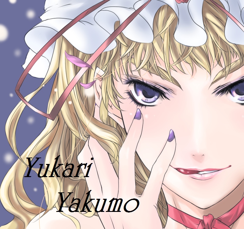 haruichi (komikal), endou aya, sheryl nome, yakumo yukari, macross, macross frontier, touhou, 1girl, blonde hair, character name, choker, close-up, female focus, hat, lips, nail polish, parody, purple eyes, purple nails, ribbon, solo, tongue, voice actor connection