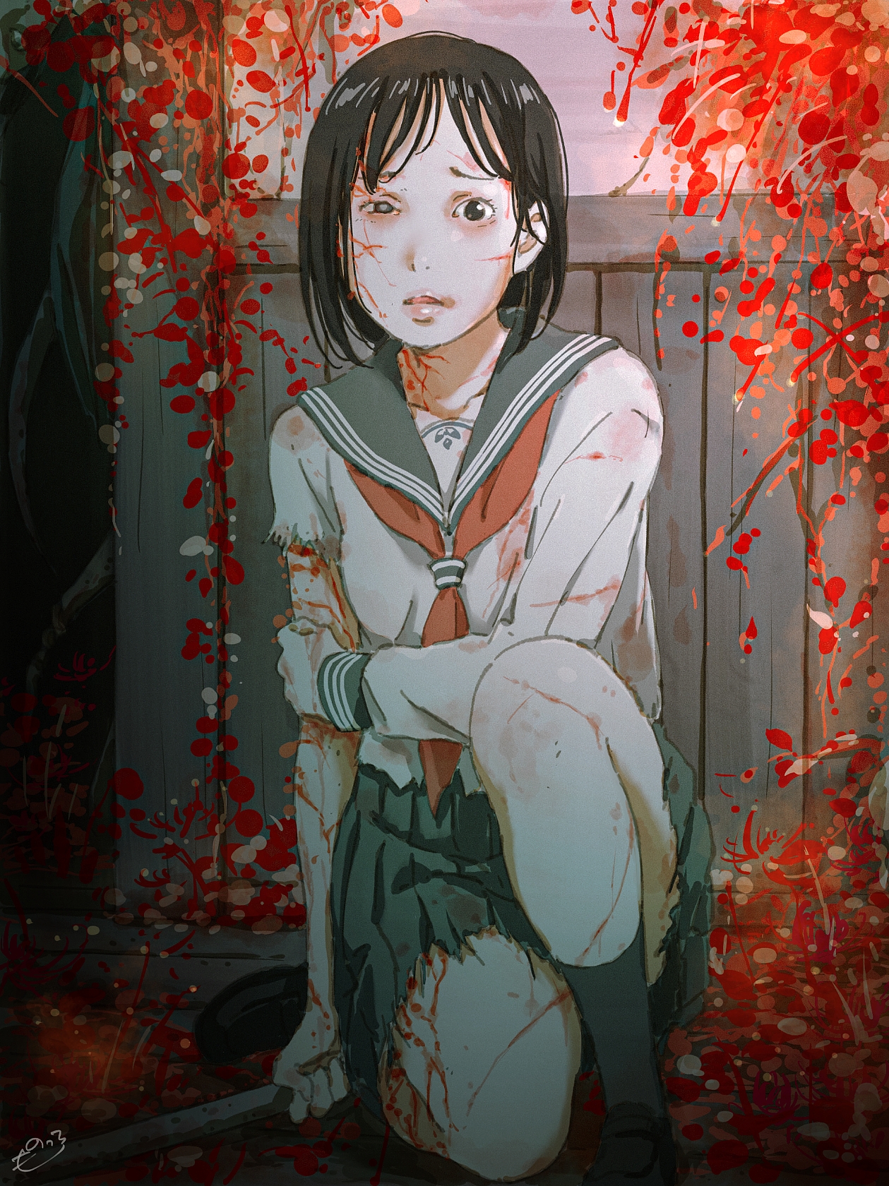 monodevil, shimizu hinako, silent hill (series), silent hill f, commentary, highres, 1girl, architecture, artist name, black eyes, black hair, black sailor collar, black shoes, black skirt, bleeding, blood, blood on clothes, blood on face, bob cut, breasts, collarbone, collared shirt, dress shirt, east asian architecture, flower, hand on own arm, holding, holding lead pipe, holding own arm, improvised weapon, injury, knee up, kneeling, lead pipe, loafers, long sleeves, loose hair strand, monster, neckerchief, on one knee, parted lips, pink lips, pleated skirt, raised eyebrows, red flower, red neckerchief, sailor collar, school uniform, serafuku, shirt, shoes, short hair, signature, single empty eye, skirt, small breasts, solo focus, spider lily, torn clothes, torn shirt, torn skirt, torn sleeve, wainscoting, white shirt, wooden floor, wooden wall