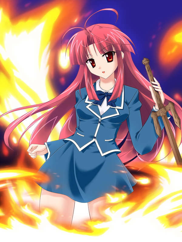 hyokkori tamago, kannagi ayano, kaze no stigma, bad id, bad pixiv id, 00s, fire, long hair, red hair, school uniform, solo, sword, weapon