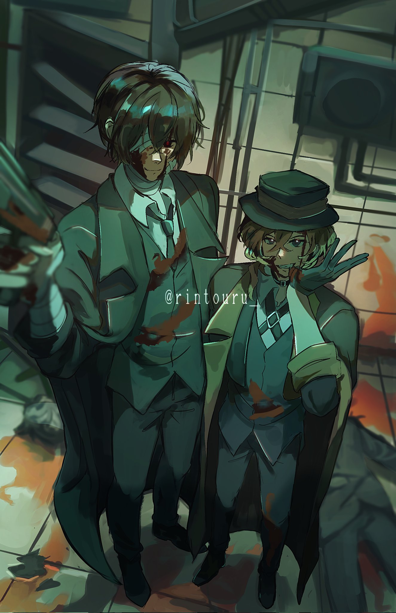 dazai osamu (bungou stray dogs), nakahara chuuya (bungou stray dogs), bungou stray dogs, hashtag-only commentary, highres, 2boys, air conditioner, bandaged arm, bandages, belt, biting, black coat, black eyes, black gloves, black necktie, black vest, blood, blood from forehead, blood on clothes, blood on face, blood splatter, blurry, blurry foreground, brown hair, coat, cowboy shot, crossed bangs, depth of field, double-parted bangs, from above, full body, gloves, gun, hair between eyes, height difference, holding, holding gun, holding weapon, looking at viewer, male focus, multiple boys, necktie, one eye covered, red eyes, removing glove, rintouru 2, shirt, short hair, sleeves rolled up, smirk, standing, tile floor, tiles, vest, weapon, white shirt