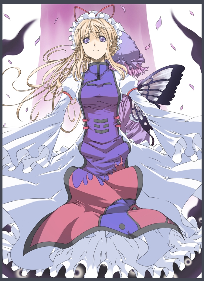 haruichi (komikal), saigyouji yuyuko, yakumo yukari, touhou, 2girls, back-to-back, blonde hair, butterfly wings, cherry blossoms, female focus, hat, insect wings, multiple girls, purple eyes, sad, wings