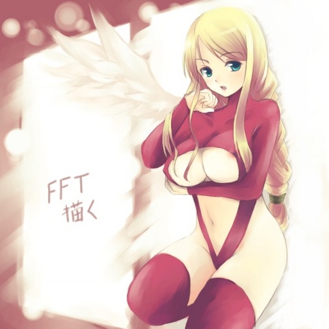 agrias oaks, ultima (fft), final fantasy, final fantasy tactics, breast hold, lowres, 1girl, angel wings, areola slip, blonde hair, blue eyes, bodysuit, boots, braid, braided ponytail, breasts, cosplay, covered erect nipples, female focus, large breasts, leotard, long hair, red leotard, red thighhighs, single braid, single wing, solo, thigh boots, thighhighs, ultima (cosplay), ultima (fft) (cosplay), underboob, wings