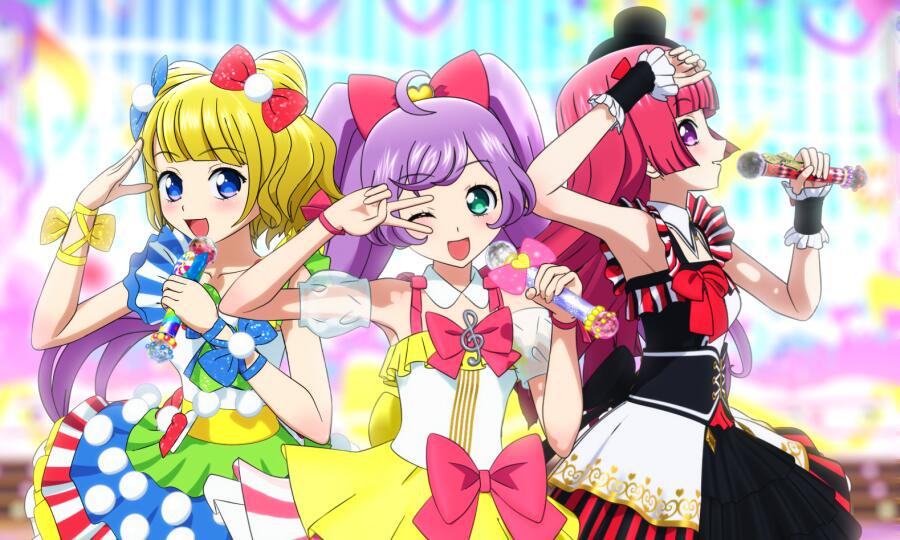 kashikoma!, hojo sophy, manaka laala, minami mirei, pretty series, pripara, official art, 3d, 3girls, :d, ahoge, blonde hair, blue eyes, blunt bangs, blush, bow, cone hair bun, detached sleeves, double bun, dress, frills, green eyes, hair bow, hair bun, hat, idol, idol clothes, long hair, looking at viewer, looking to the side, microphone, mini hat, mini top hat, multicolored dress, multiple girls, one eye closed, open mouth, otudane, pink bow, pink hair, puffy detached sleeves, puffy sleeves, purple eyes, purple hair, red hair, short hair, skirt, smile, top hat, treble clef, twintails, v, very long hair