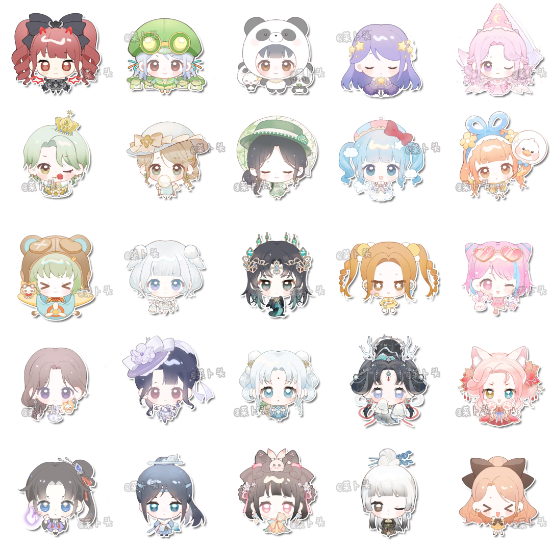 baonu de zhanshen caibutou, balloon trip (infinity nikki), baobao (infinity nikki), blushbunny (infinity nikki), cloud daydreams (infinity nikki), croaker (infinity nikki), enchanted encounter (infinity nikki), froggy fashion (infinity nikki), misty poetics (infinity nikki), momo (nikki), nightlight whispers (infinity nikki), pink ribbon waltz (infinity nikki), star sea (nikki), starry path (infinity nikki), sweet rhapsody (infinity nikki), twilight oath (infinity nikki), infinity nikki, nikki (series), chinese commentary, commentary request, 6+girls, alternate color, among bamboo shadows (infinity nikki), animal, animal costume, animal on head, artist name, balloon, blue hanfu, blunt bangs, cat, chibi, chinese clothes, circlet, closed eyes, clothed animal, clouded loong (infinity nikki), demon horns, demon wings, drawn horns, drawn wings, dress, drill hair, eyelashes, eyewear on head, forever bond (infinity nikki), frog, gossamer moonfairy (infinity nikki), gown, grey hair, hagoromo, hanfu, happy, hat, hidden light (infinity nikki), holding, holding balloon, holding sword, holding weapon, horns, idol, long hair, lotus heart (infinity nikki), midnight gleam (infinity nikki), mistbound whispers (infinity nikki), multiple girls, nimble cat (infinity nikki), on head, panda, panda costume, pink hair, purple hair, rabbit, rabbit on head, red eyes, red hair, shawl, simple background, sky supplier (infinity nikki), sleeves past fingers, sleeves past wrists, standing, stylist (nikki), sun hat, sword, sword master (infinity nikki), thought in bloom (infinity nikki), tide of tears (infinity nikki), twin drills, twintails, weapon, white background, white cat, wings, y2k fashion