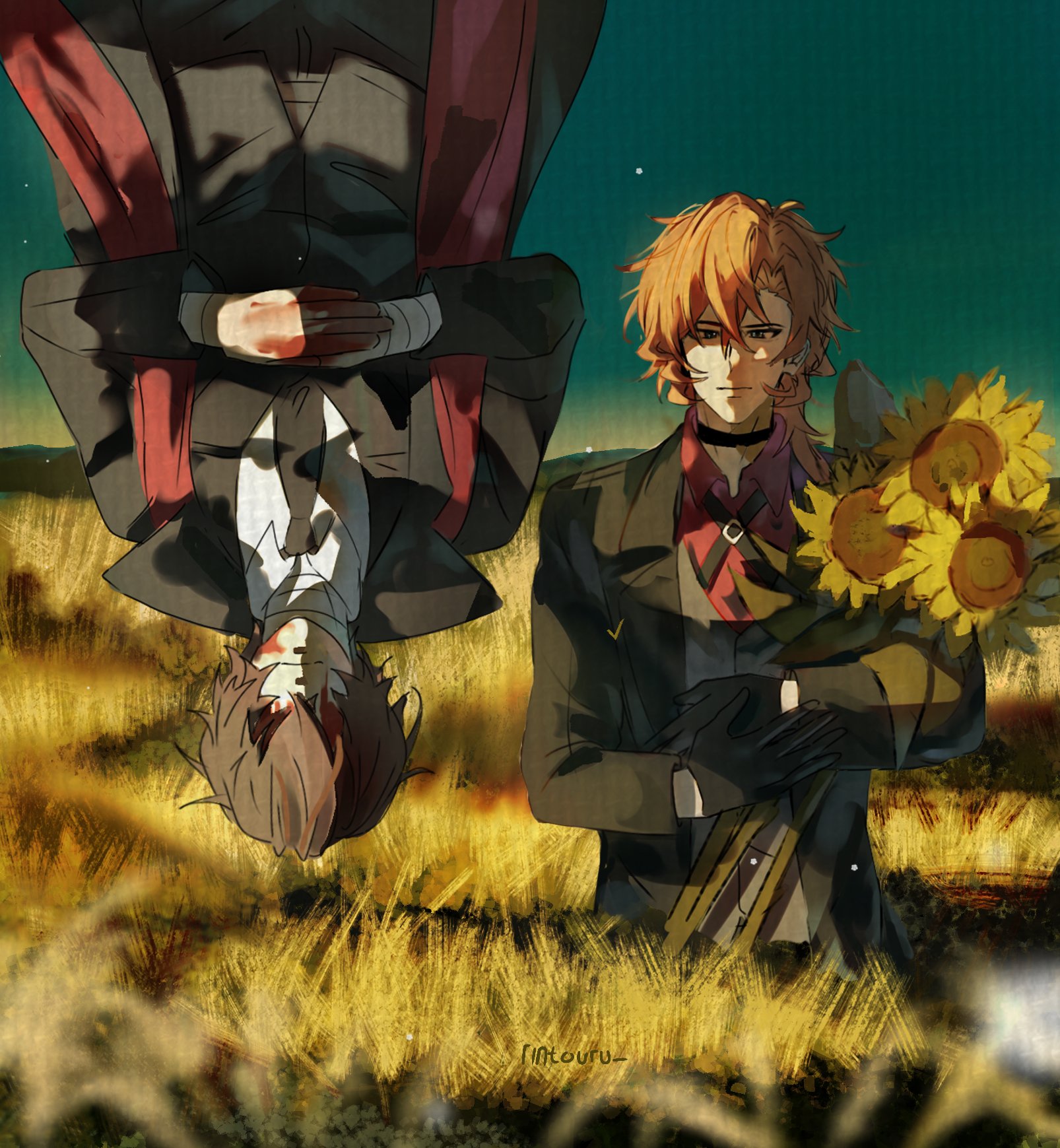 dazai osamu (bungou stray dogs), nakahara chuuya (bungou stray dogs), bungou stray dogs, commentary, english commentary, highres, 2boys, black coat, black gloves, black necktie, black vest, blood, blood on face, blood on hands, brown hair, coat, collar, collared shirt, double-parted bangs, field, floating, flower, flower field, gloves, hair between eyes, holding, holding flower, limited palette, looking at viewer, male focus, multiple boys, necktie, night, one eye closed, open clothes, open coat, outdoors, own hands together, partially shaded face, popped collar, red sash, red shirt, rintouru 2, sash, serious, shirt, short hair, sidelighting, sunflower, upside-down, vest