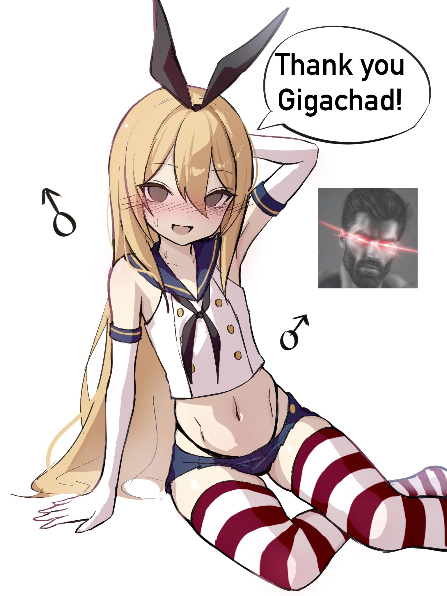 azulasi, shimakaze-kun, shimakaze (kancolle), kantai collection, commentary request, highres, 1boy, animal ears, arm behind head, arm support, arm up, armpits, bare shoulders, black neckerchief, blonde hair, blue sailor collar, blue skirt, blush, buttons, crop top, crossdressing, crossdressing (mtf), double-breasted, double-parted bangs, elbow gloves, empty eyes, english text, eye trail, fake animal ears, genderswap, genderswap (ftm), gigachad (meme), gloves, glowing, glowing eye, grey eyes, hair between eyes, highleg, highleg panties, light trail, long hair, looking at viewer, male focus, mars symbol, meme, microskirt, midriff, navel, neckerchief, nose blush, open mouth, panties, panty straps, photo inset, pleated skirt, rabbit ears, real life insert, sailor collar, simple background, sitting, skirt, speech bubble, striped clothes, striped thighhighs, thank you, thighhighs, thong, trap, underwear, very long hair, white background, white gloves, yokozuwari