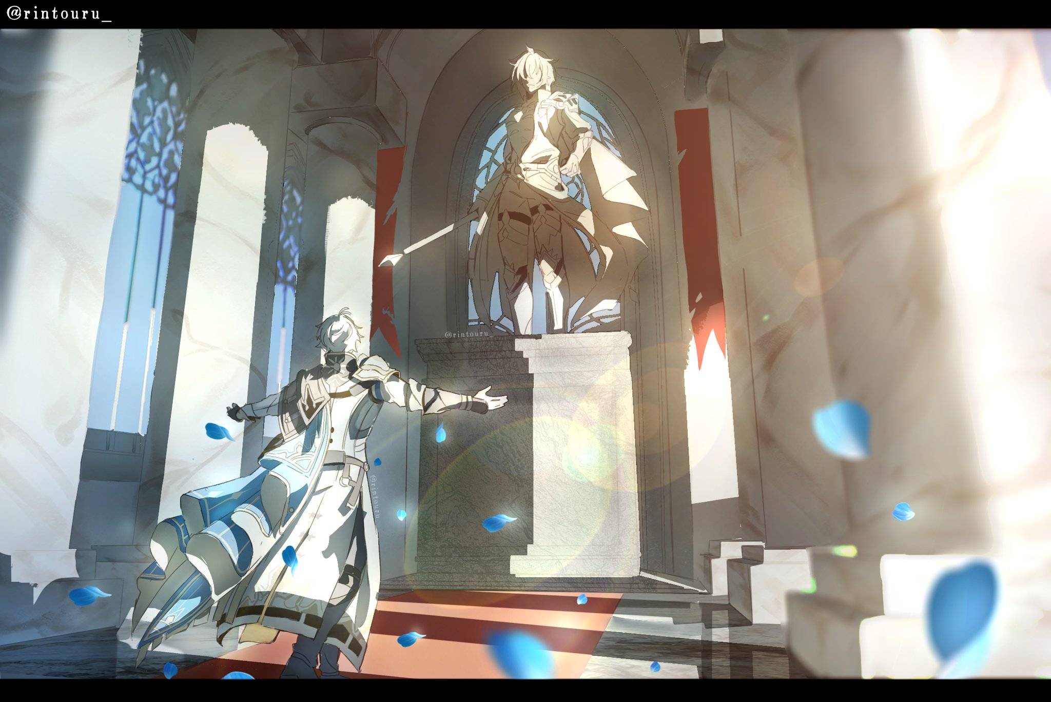 phainon (honkai: star rail), honkai: star rail, honkai (series), character request, check character, highres, 1other, armor, blue cape, blurry, blurry foreground, boots, cape, carpet, column, day, depth of field, falling petals, full body, jacket, lens flare, letterboxed, outstretched arms, pedestal, petals, pillar, pov, red carpet, red flag, rintouru 2, short hair, shoulder armor, sidelighting, statue, sunlight, walking, white hair, white jacket