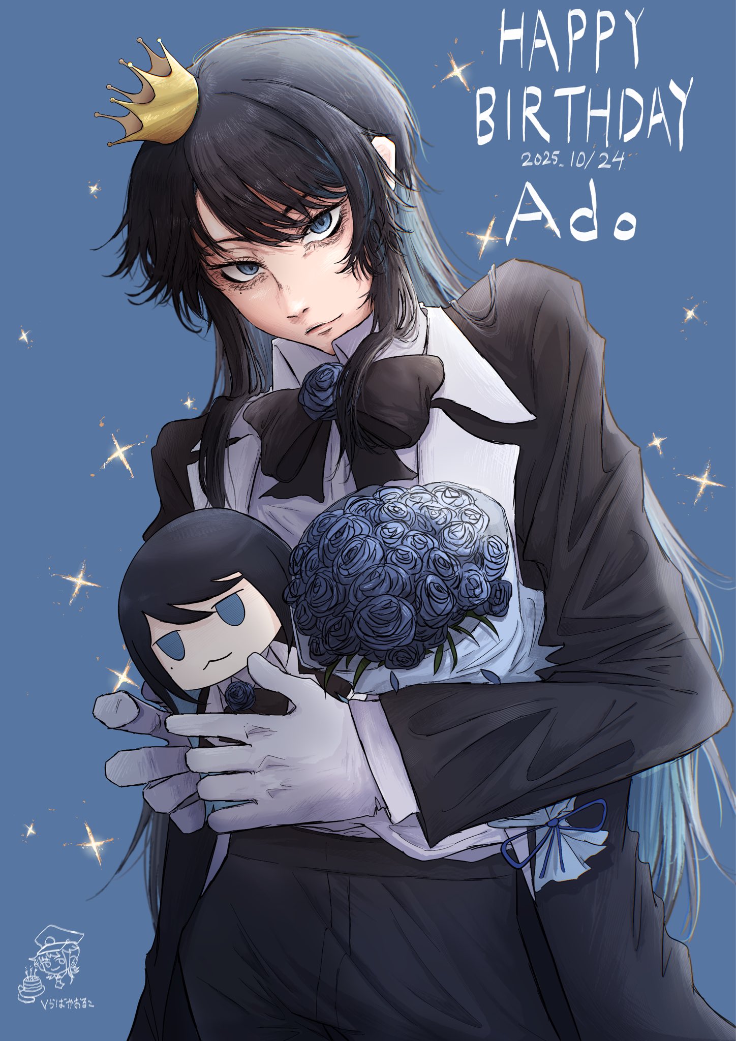 koruko (kaoruko67000), chando (ado), ado (utaite), alt text, commentary request, highres, 1girl, black bow, black bowtie, black coat, black hair, blue background, blue eyes, blue flower, blue hair, blue rose, bouquet, bow, bowtie, coat, colored inner hair, crown, flower, gloves, holding, holding bouquet, long hair, looking at viewer, mini crown, mole, mole under eye, multicolored hair, open clothes, open coat, rose, shirt, solo, utaite, white gloves, white shirt