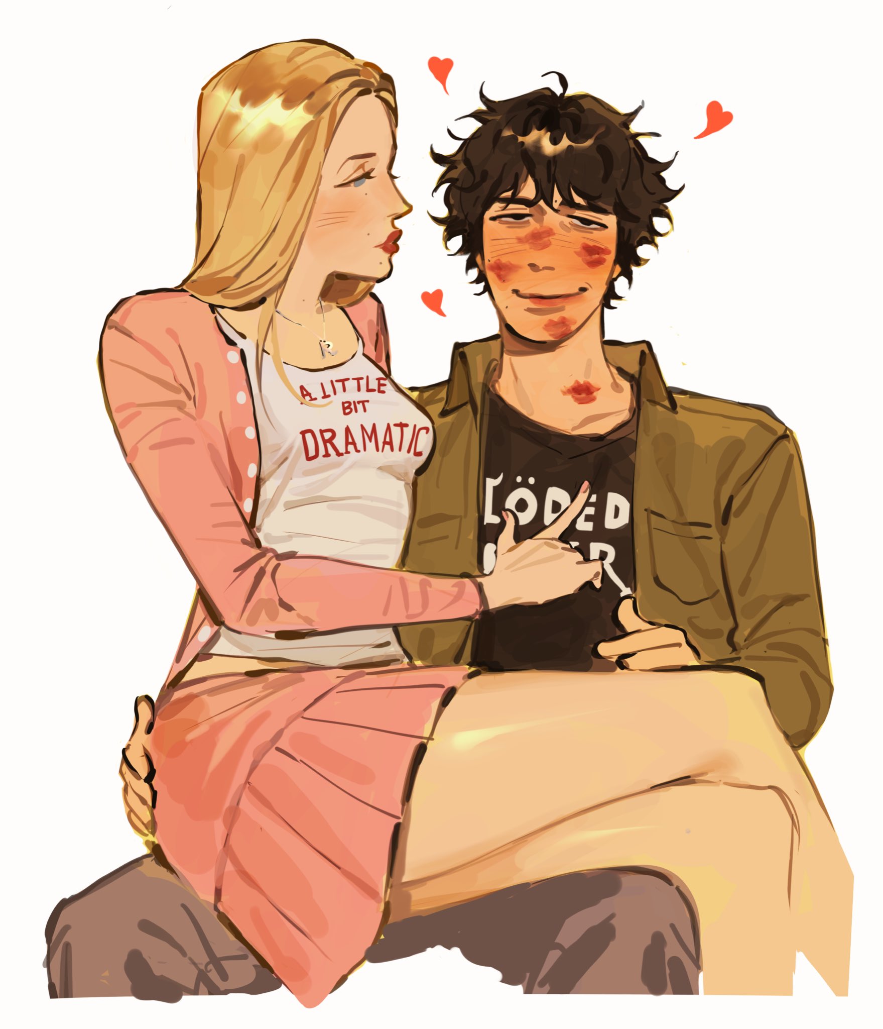 regina george, diary of a wimpy kid, mean girls, silver necklace, highres, 1boy, 1girl, ahoge, assertive female, black shirt, blonde hair, blue eyes, blush, breast pocket, breasts, brown eyes, brown hair, brown shirt, cardigan, choppy bangs, collared shirt, cropped legs, crossed legs, crossover, english text, finger to another's chest, grey pants, hand on another's hip, heart, hetero, jewelry, kunnuscumnus, layered shirt, lipstick mark, lipstick mark on face, lipstick mark on neck, long hair, long sleeves, looking at another, looking at viewer, lovestruck, loving aura, medium breasts, messy hair, midriff peek, miniskirt, mole, mole above mouth, mole on cheek, mole on forehead, mole on neck, mole under eye, mole under mouth, multiple moles, necklace, open cardigan, open clothes, open shirt, pants, parted bangs, pink cardigan, pink skirt, pleated skirt, pocket, print shirt, puckered lips, red lips, rodrick heffley, shiny skin, shirt, short hair, simple background, sitting, sitting on lap, sitting on person, skirt, smile, straight hair, tareme, thick eyebrows, too many lipstick marks, wavy hair, white background, white shirt