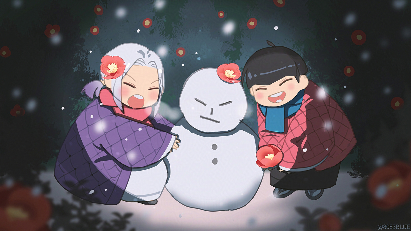 8083 blue, hoshina soshiro, kaijuu no. 8, commentary, 2boys, blue scarf, blunt bangs, camellia, coat, flower, full body, grey hair, hoshina soichiro, male focus, multiple boys, open mouth, purple coat, red coat, red flower, red scarf, scarf, snow, snowman, twitter username, winter clothes, winter coat