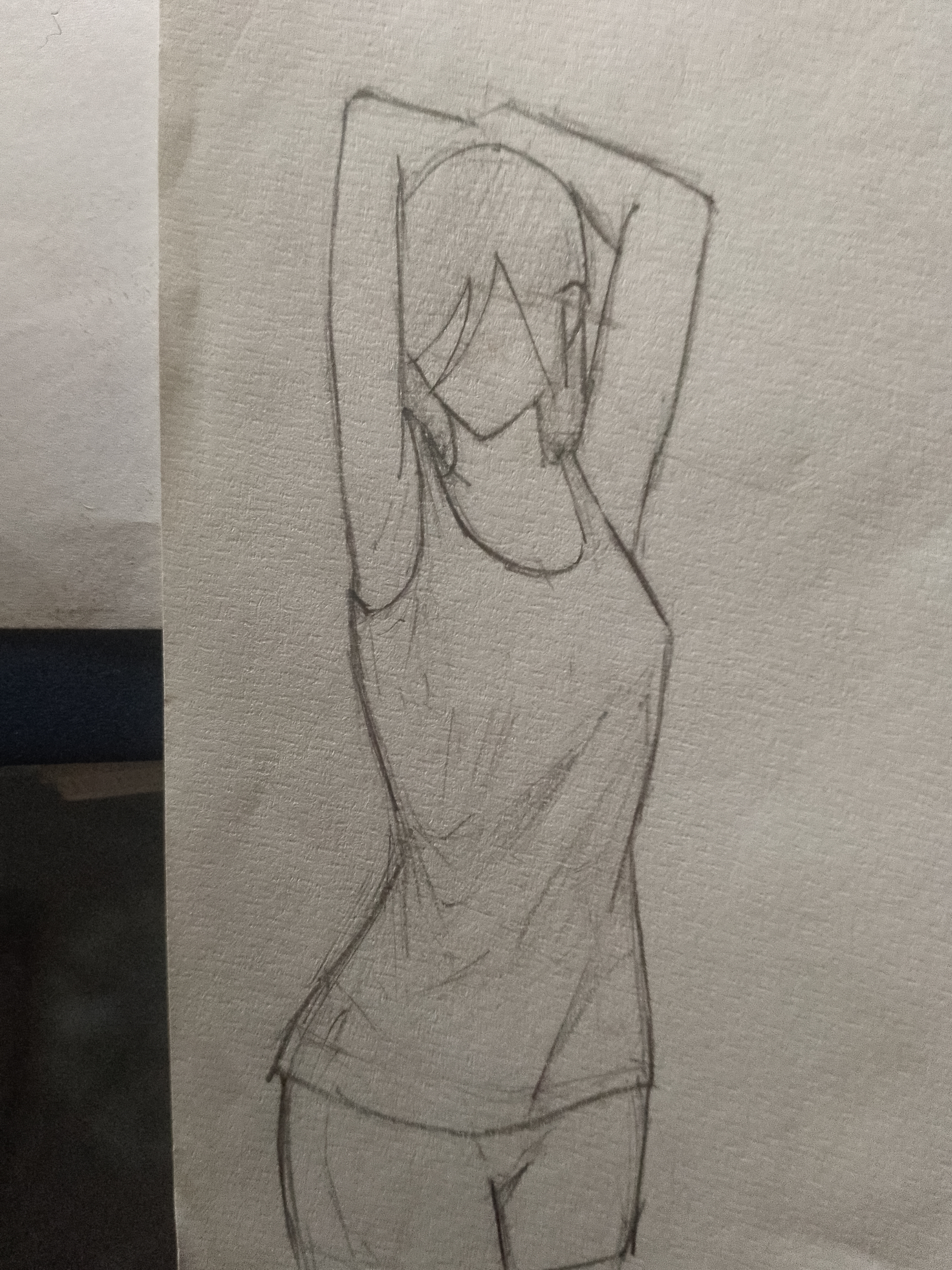 original, absurdres, highres, non-web source, photo (medium), traditional media, 1girl, armpits, arms behind head, faceless, faceless female, paper (medium), shorts, sleeveless, solo