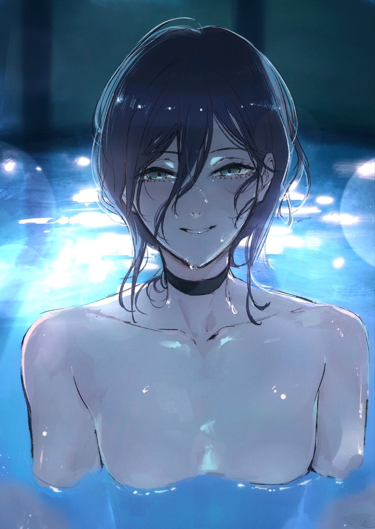 moku (muooku), reze (chainsaw man), chainsaw man, highres, 1girl, black choker, black hair, breasts, choker, green eyes, hair between eyes, looking at viewer, partially submerged, pool, small breasts, solo, wet, wet hair