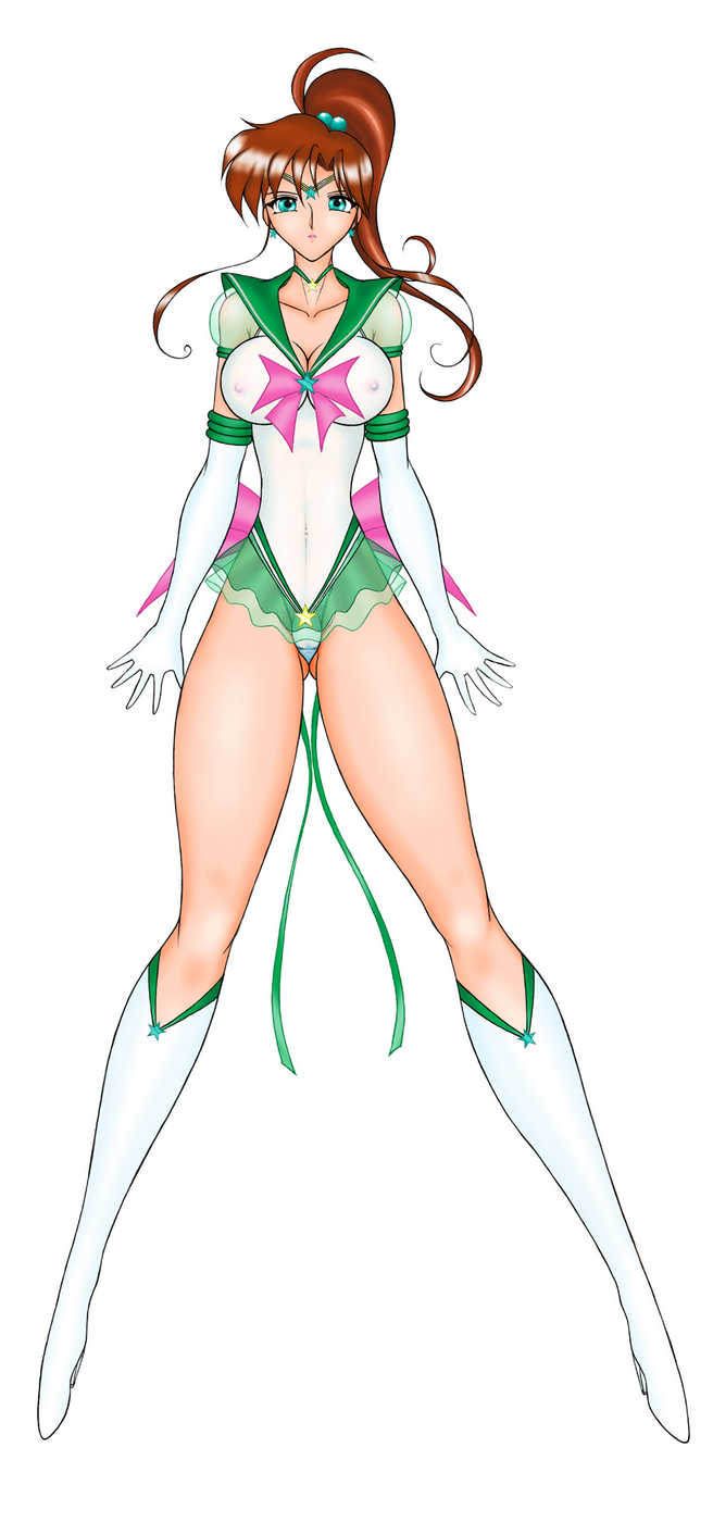 kino makoto, sailor jupiter, bishoujo senshi sailor moon, star, highres, boots, breasts, brown hair, gloves, nipples, ponytail, sailor fuku, school uniform, solo, tiara