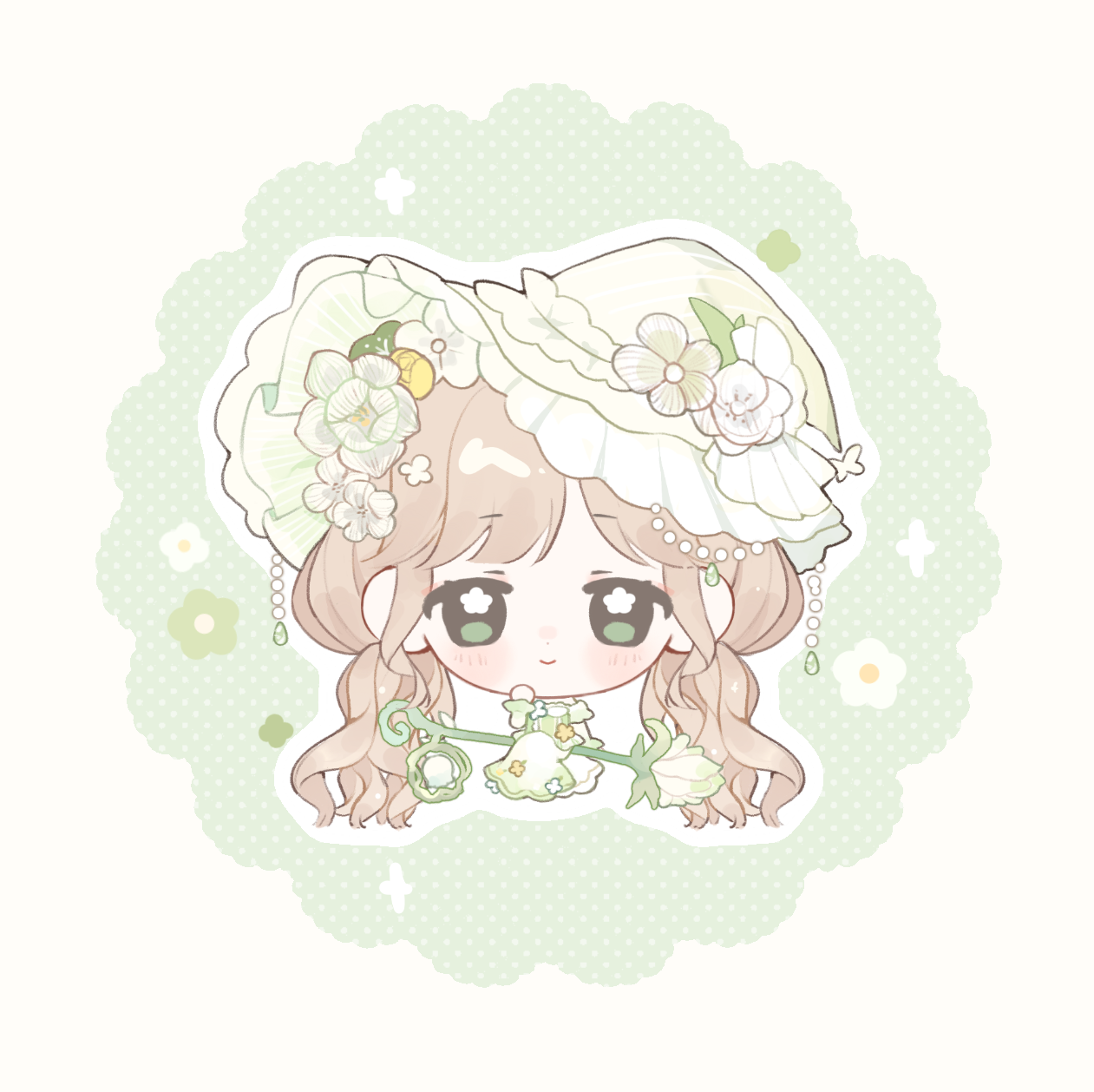 baonu de zhanshen caibutou, infinity nikki, nikki (series), chinese commentary, commentary request, highres, 1girl, absurdly long hair, blunt bangs, border, broom, broom riding, brown hair, butterfly hat ornament, chibi, closed mouth, dot nose, dress, dress flower, eyelashes, flower, flower in eye, frilled dress, frilled headwear, frilled sleeves, frills, green background, green dress, green eyes, green hat, hair flower, hair ornament, hand on own chin, happy, hat, hat flower, hat ornament, hat ribbon, layered sleeves, light blush, long dress, long hair, long sleeves, low twintails, off-shoulder dress, off shoulder, outline, polka dot, polka dot background, rainfall & blossoms (infinity nikki), ribbon, rose, round border, short over long sleeves, short sleeves, sitting, smile, solo, sparkle, straight-on, symbol in eye, twintails, very long hair, wavy hair, white border, white flower, white outline, white ribbon, white rose, witch, witch hat, yellow flower, yellow rose