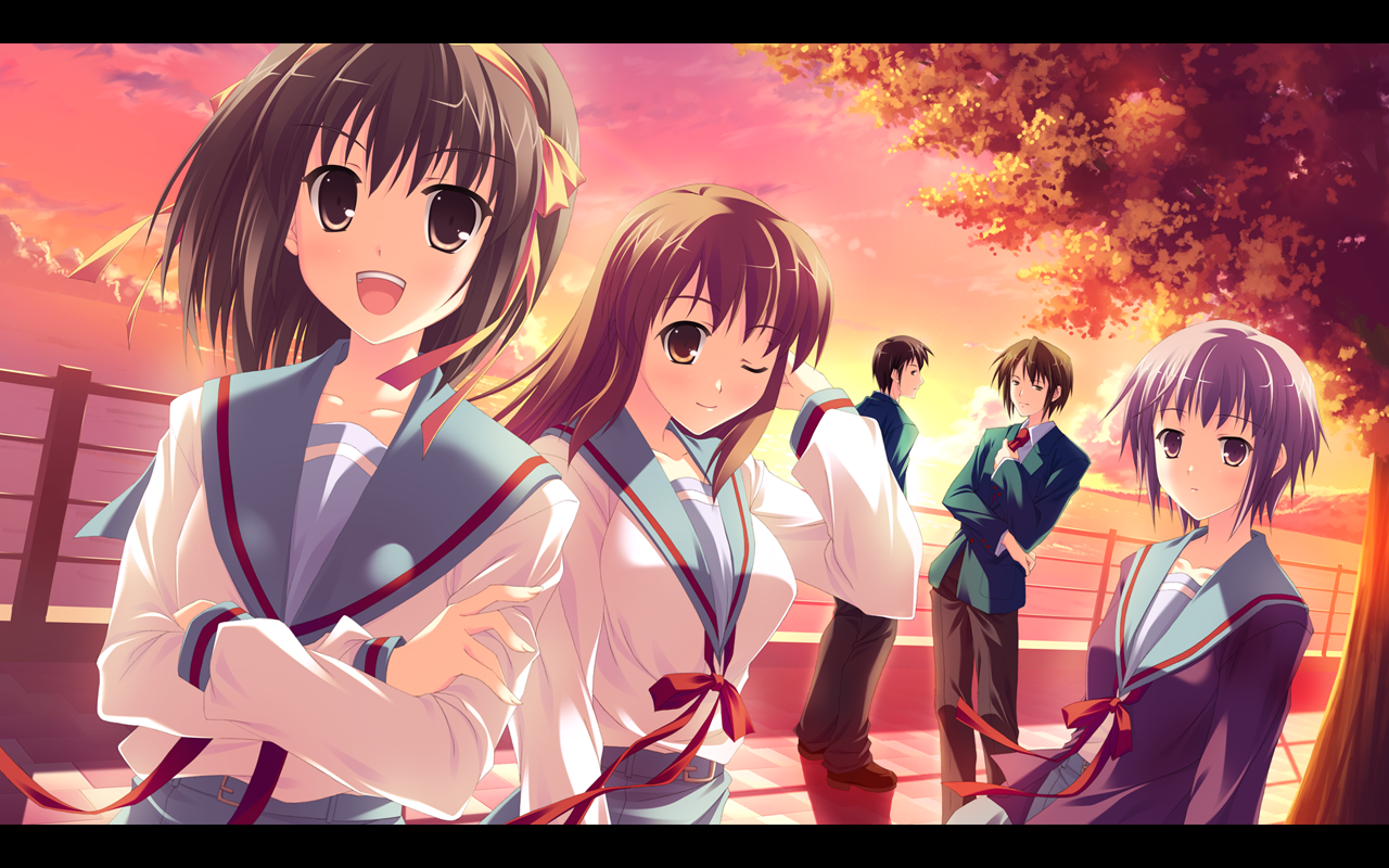 hinata nao, asahina mikuru, koizumi itsuki, kyon, nagato yuki, suzumiya haruhi, suzumiya haruhi no yuuutsu, bad id, bad pixiv id, 00s, 2boys, 3girls, :d, brown eyes, brown hair, cloud, crossed arms, hair ribbon, letterboxed, multiple boys, multiple girls, one eye closed, open mouth, purple hair, ribbon, school uniform, serafuku, short hair, sky, smile, sunset, wind, wink