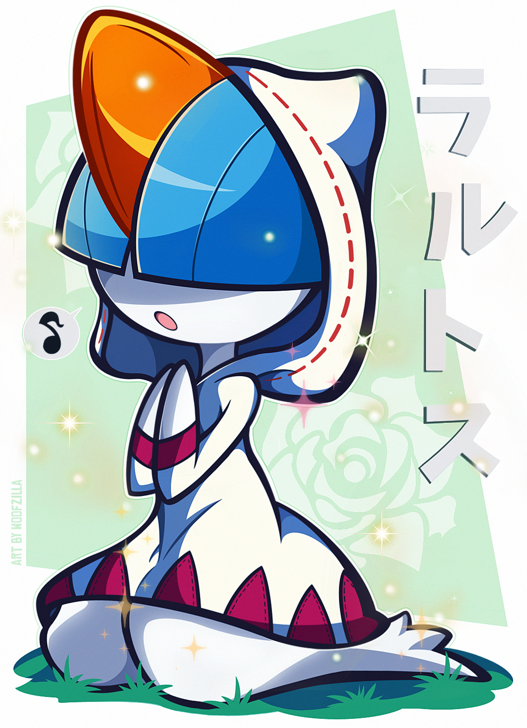 woofzilla, ralts, white mage (final fantasy), final fantasy, nintendo, pokemon, commentary, english commentary, highres, 1girl, alternate color, cosplay, full body, gen 3 pokemon, hair over eyes, hood, hood up, kneeling, music, musical note, open mouth, praying, robe, shiny pokemon, singing, solo, spoken musical note, white mage (final fantasy) (cosplay), white robe