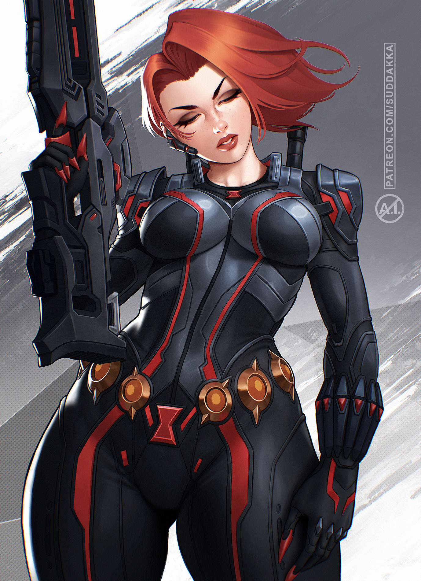 suddakka, black widow, natasha romanoff, marvel, marvel rivals, commentary, english commentary, highres, 1girl, black bodysuit, bodysuit, breasts, closed eyes, freckles, gun, holding, holding gun, holding weapon, medium breasts, parted lips, red hair, solo, superhero costume, watermark, weapon, web address