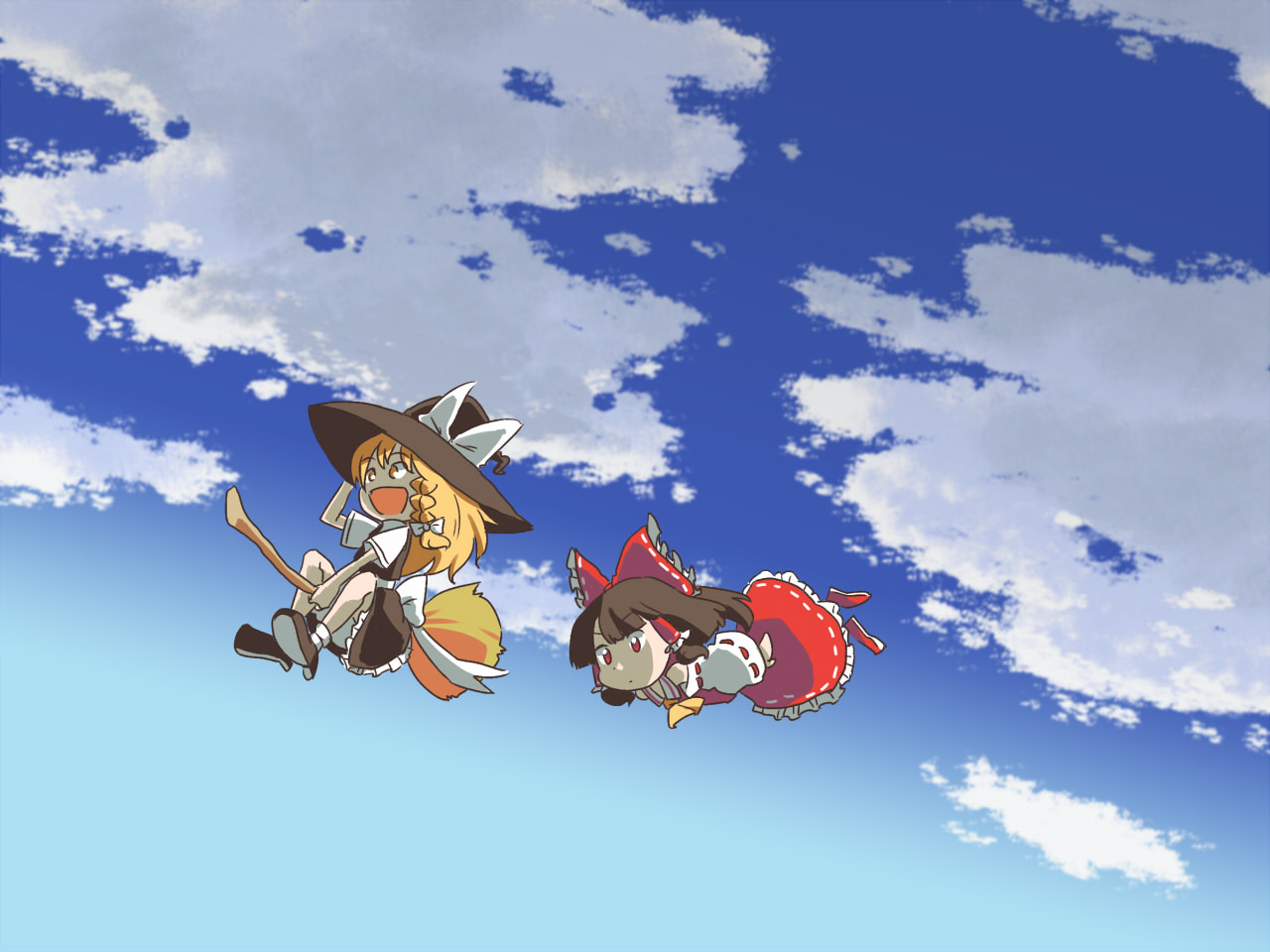 8bit, hachi (8bit canvas), hakurei reimu, kirisame marisa, touhou, bad id, bad pixiv id, 2girls, blonde hair, broom, chibi, day, female focus, flying, multiple girls, sky