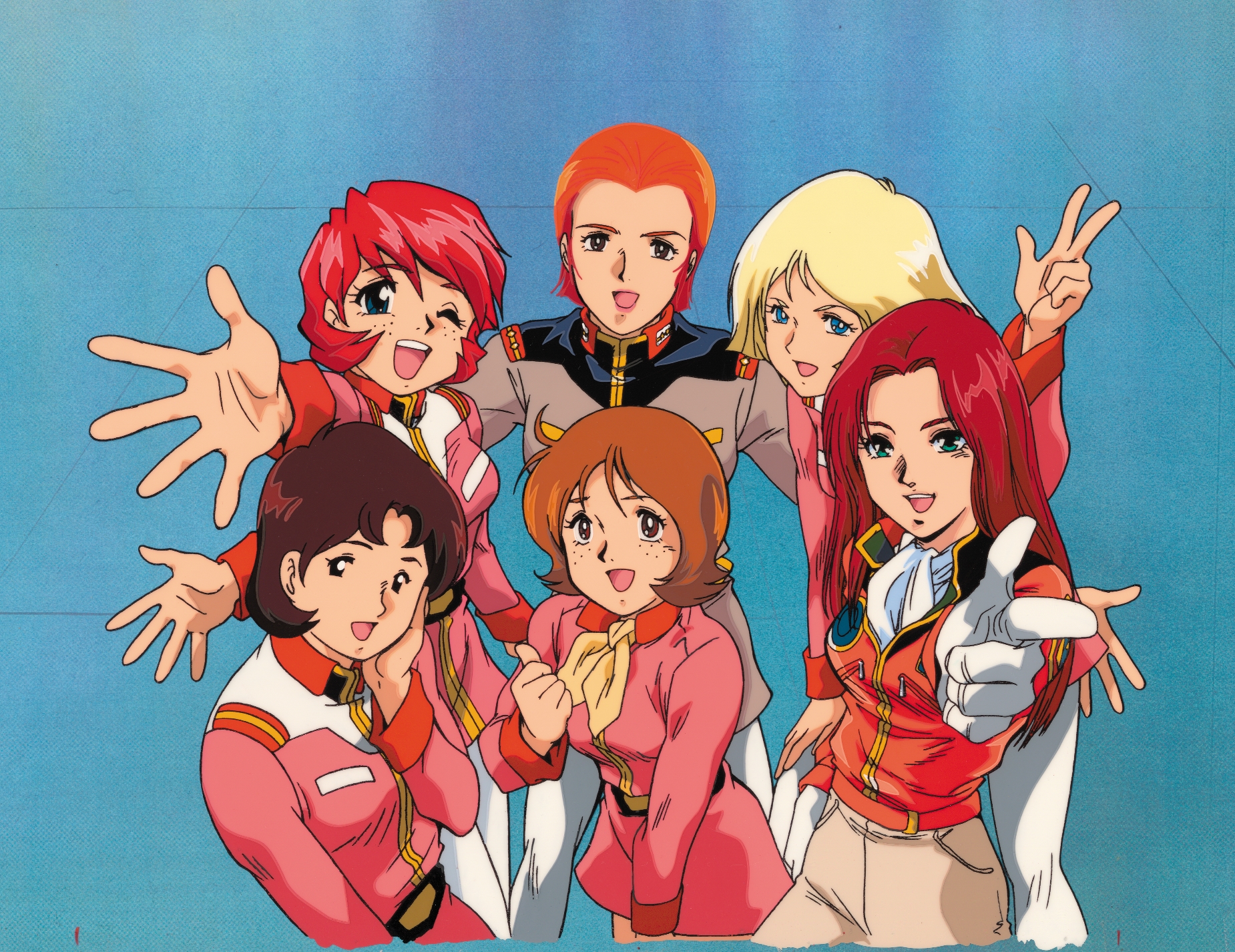dokite tsukasa, christina mackenzie, fraw bow, matilda ajan, mirai yashima, sayla mass, gundam, gundam 0080, gundam gihren no yabou, mobile suit gundam, character request, highres, official art, 1990s (style), 6+girls, animation paper, blonde hair, blue eyes, brown hair, earth federation, green eyes, long hair, long sleeves, looking at viewer, military uniform, multiple girls, open mouth, production art, red hair, retro artstyle, short hair, smile