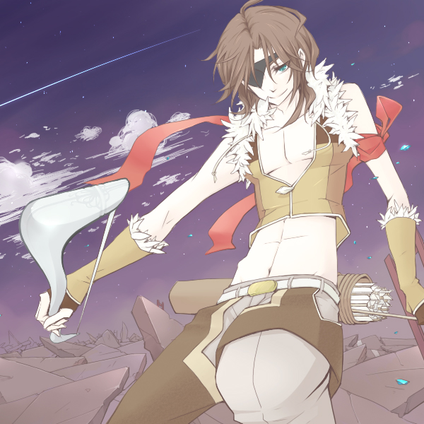 tokikane mikan, lockon stratos, sniper (ragnarok online), gundam, gundam 00, ragnarok online, commentary request, 1boy, armband, arrow (projectile), blue eyes, bow (weapon), brown gloves, brown hair, brown shirt, brown shorts, closed mouth, cloud, cosplay, cowboy shot, crop top, fingerless gloves, fur-trimmed gloves, fur-trimmed shirt, fur trim, gloves, grey pants, holding, holding bow (weapon), holding weapon, looking at viewer, male focus, midriff, navel, outdoors, pants, pants under shorts, purple sky, quiver, shirt, shorts, sky, sleeveless, sleeveless shirt, smile, sniper (ragnarok online) (cosplay), solo, weapon