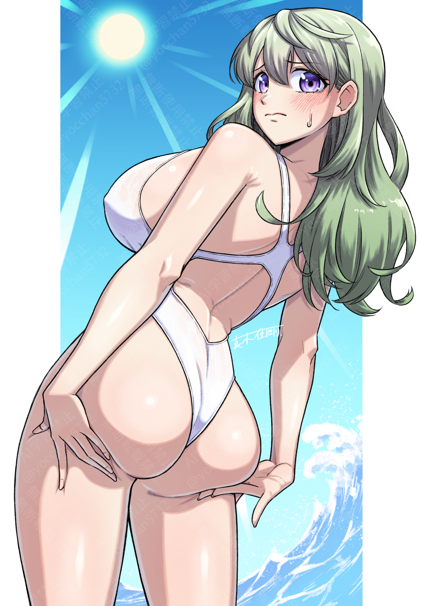 maki yoshitake, original, highres, 1girl, back, blush, border, breasts, embarrassed, green hair, highleg, highleg one-piece swimsuit, large breasts, long hair, looking at viewer, ocean, one-piece swimsuit, purple eyes, solo, sweatdrop, swimsuit, water, white border, white one-piece swimsuit