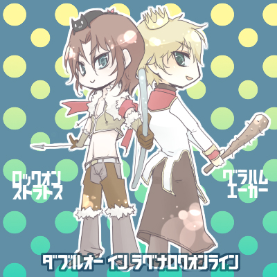 tokikane mikan, graham aker, high priest (ragnarok online), lockon stratos, sniper (ragnarok online), gundam, gundam 00, ragnarok online, commentary request, lowres, translation request, 2boys, animal, animal on head, armband, arrow (projectile), black cat, blonde hair, blue background, blue eyes, bow (weapon), brown hair, brown pants, brown shorts, cat, cat on head, closed mouth, club (weapon), cosplay, crop top, crown, full body, fur-trimmed shirt, fur-trimmed shorts, fur trim, green eyes, grey pants, high priest (ragnarok online) (cosplay), holding, holding arrow, holding bow (weapon), holding club, holding weapon, long sleeves, looking at viewer, male focus, midriff, multiple boys, on head, open mouth, pants, pants under shorts, polka dot, polka dot background, shirt, short hair, shorts, smile, sniper (ragnarok online) (cosplay), weapon, white shirt