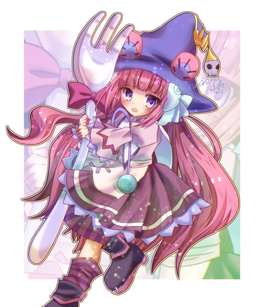 yukiomi kizuki, dumpty alma, emil chronicle online, puzzle & dragons, 1girl, bear girl, blue hat, blue ribbon, boots, fork, hair ribbon, hat, holding, holding fork, long hair, open mouth, pink boots, pink hair, pink ribbon, purple eyes, purple shirt, purple skirt, purple socks, ribbon, shirt, skirt, socks, solo, twitter username, witch hat