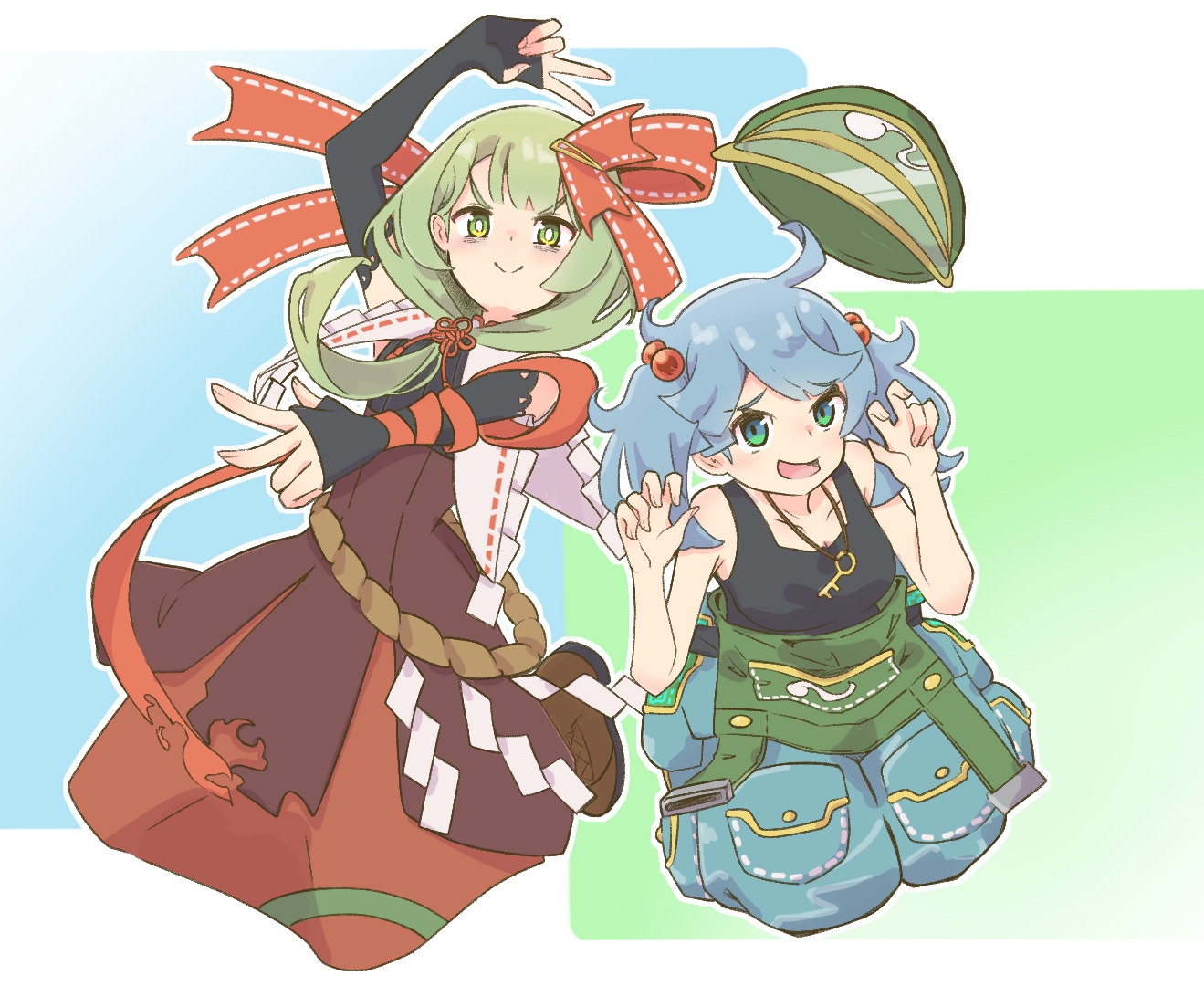 hizamakura 052, kagiyama hina, kawashiro nitori, touhou, 2girls, alternate costume, blue eyes, blue hair, colored skin, front ponytail, green eyes, green hair, green hat, hair ribbon, hat, jewelry, key, key necklace, multiple girls, necklace, red ribbon, red skirt, ribbon, skirt