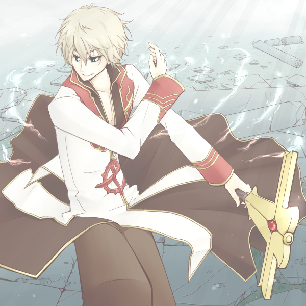 tokikane mikan, graham aker, high priest (ragnarok online), gundam, gundam 00, ragnarok online, commentary request, 1boy, blonde hair, blue eyes, brown pants, closed mouth, cosplay, cowboy shot, grey background, high priest (ragnarok online) (cosplay), holding, holding staff, long sleeves, looking afar, male focus, pants, red shirt, ruins, shirt, short hair, sitting, smile, solo, staff, two-tone shirt, white shirt