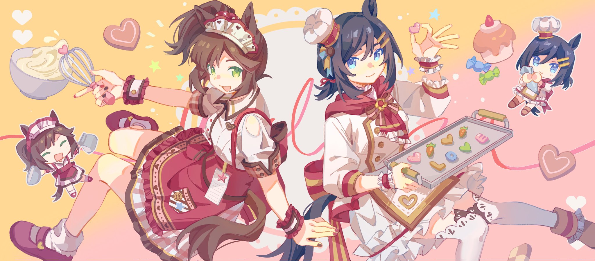 heichicc47, eishin flash (collect chocolatier) (umamusume), eishin flash (umamusume), ines fujin (melty gift) (umamusume), ines fujin (umamusume), umamusume, highres, 2girls, animal ears, baking sheet, black hair, blue eyes, bobby socks, boots, bow, bowl, bowtie, breasts, brown hair, chef hat, chibi, chibi inset, closed mouth, cookie, cupcake, dress, food, green eyes, hair ornament, hairclip, hat, heart, heart-shaped cookie, heart-shaped food, holding, holding tray, horse ears, horse girl, horse tail, long sleeves, looking at viewer, mini chef hat, multiple girls, notice lines, open mouth, red shoes, shirt, shoes, short hair, short sleeves, side ponytail, skirt, small breasts, smile, socks, star (symbol), suspender skirt, suspenders, tail, thighhighs, tray, visor cap, whisk, white dress, white shirt, white socks, white thighhighs, wrist cuffs