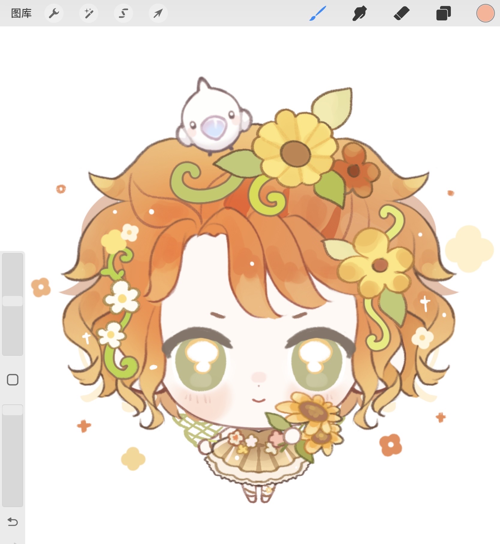 baonu de zhanshen caibutou, ambird (infinity nikki), infinity nikki, nikki (series), chinese commentary, commentary request, highres, procreate (medium), 1girl, animal, animal on head, art program in frame, bird, bird on head, boots, brown dress, chibi, dress, fairy wings, fake wings, flower, grains of yesterday (infinity nikki), green eyes, green wings, hair flower, hair ornament, happy, holding, holding flower, lace, lace-trimmed dress, lace trim, layered dress, leg ribbon, messy hair, on head, orange hair, pink flower, procreate (software), red flower, ribbon, short hair, simple background, sleeveless, sleeveless dress, solo, sparkle, standing, straight-on, sunflower, white background, white bird, white boots, wings, wrist cuffs, yellow flower, yellow ribbon, yellow wrist cuffs