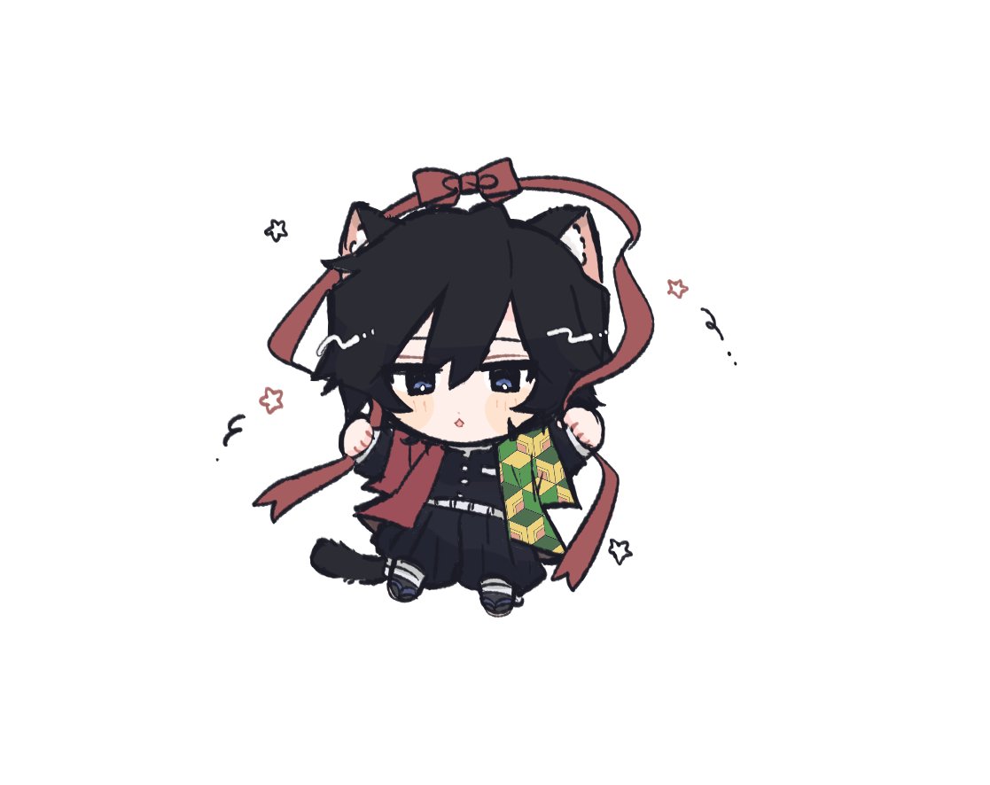 tomioka giyuu, kimetsu no yaiba, 1boy, animal ears, belt, black hair, black jacket, black pants, black socks, blue eyes, buttons, cat boy, cat ears, cat tail, chibi, chibi only, demon slayer uniform, full body, g nyan t, gold buttons, hair between eyes, hands up, haori, high collar, jacket, japanese clothes, kikkoumon, low ponytail, male focus, pants, parted lips, ponytail, print haori, red haori, red ribbon, ribbon, sandals, simple background, socks, solo, spiked hair, star (symbol), tail, white background, white belt
