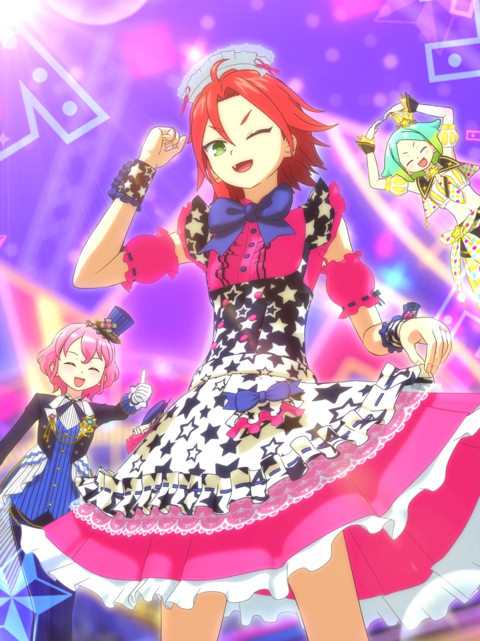 nijiiro nino, reona west, idol time pripara, pretty series, pripara, highres, official art, 1girl, 2boys, 3d, :d, accidental pervert, arms up, blue hair, bow, closed eyes, crossdressing, crossdressing (mtf), dress, gradient hair, green eyes, green hair, hat, idol clothes, long sleeves, maid headdress, male focus, mini hat, mini top hat, mitaka asahi, multicolored hair, multiple boys, one eye closed, open mouth, otudane, pink dress, pink hair, red hair, short hair, skirt hold, smile, stage lights, thumbs up, top hat