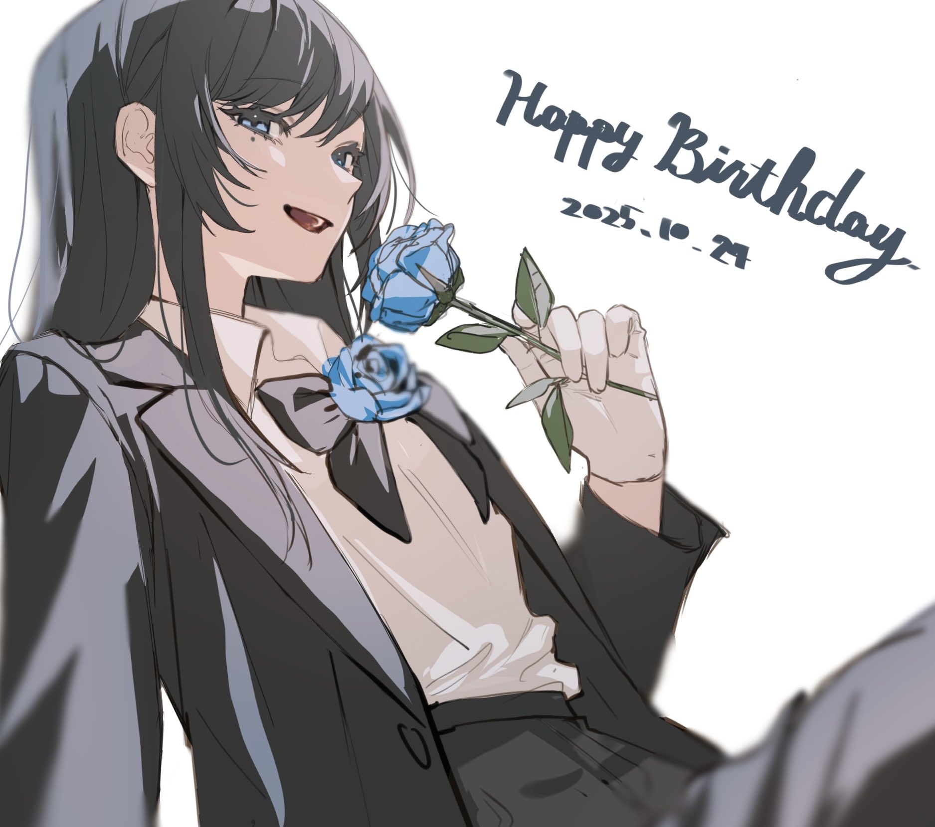 omoti yabe, chando (ado), ado (utaite), commentary, highres, 1girl, black bow, black bowtie, black coat, black hair, blue eyes, blue flower, blue rose, bow, bowtie, brooch, coat, dated, flower, flower brooch, gloves, happy birthday, holding, holding flower, jewelry, long hair, long sleeves, mole, mole under eye, open clothes, open coat, open mouth, rose, shirt, simple background, solo, utaite, white background, white gloves, white shirt