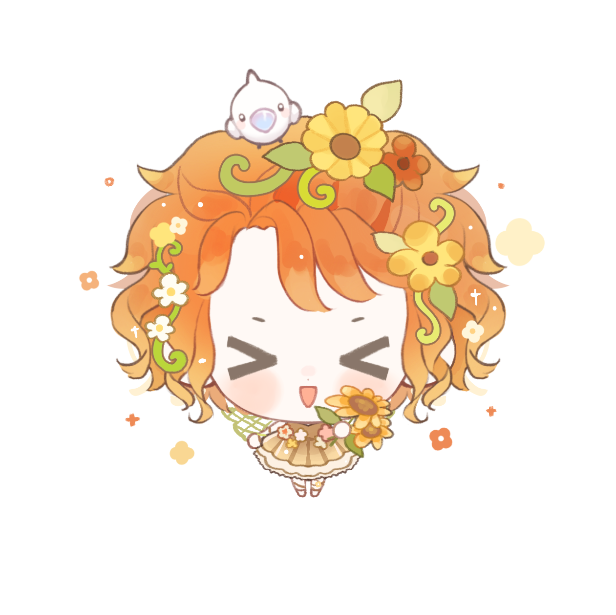 baonu de zhanshen caibutou, ambird (infinity nikki), infinity nikki, nikki (series), chinese commentary, commentary request, highres, procreate (medium), > <, 1girl, animal, animal on head, bird, bird on head, boots, brown dress, chibi, dress, fairy wings, fake wings, flower, grains of yesterday (infinity nikki), green wings, hair flower, hair ornament, happy, holding, holding flower, lace, lace-trimmed dress, lace trim, layered dress, leg ribbon, messy hair, on head, open mouth, orange hair, pink flower, red flower, ribbon, short hair, simple background, sleeveless, sleeveless dress, solo, sparkle, standing, straight-on, sunflower, white background, white bird, white boots, wings, wrist cuffs, yellow flower, yellow ribbon, yellow wrist cuffs