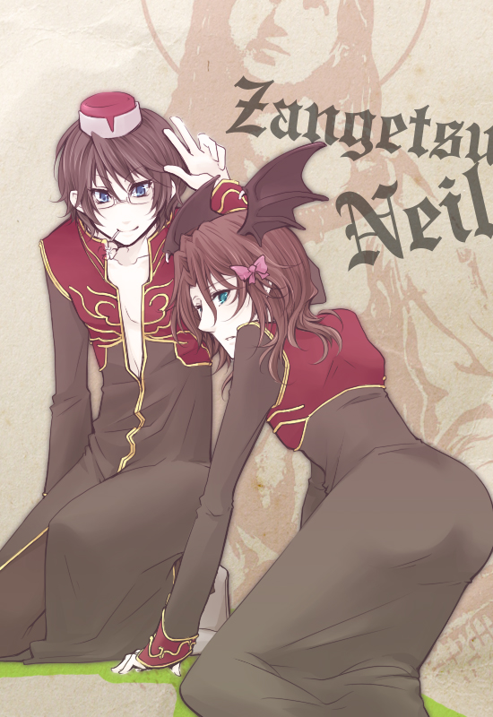tokikane mikan, lockon stratos, lyle dylandy, neil dylandy, priest (ragnarok online), gundam, gundam 00, ragnarok online, commentary request, 2boys, beretta de camera, blue eyes, bow, brown background, brown coat, brown hair, brown wings, closed mouth, coat, cosplay, demon wings, feet out of frame, glasses, gold trim, hair bow, hat, head wings, long sleeves, looking at viewer, looking back, male focus, medium hair, multicolored coat, multiple boys, pink bow, priest (ragnarok online) (cosplay), red coat, red hat, short hair, smile, two-tone coat, wings