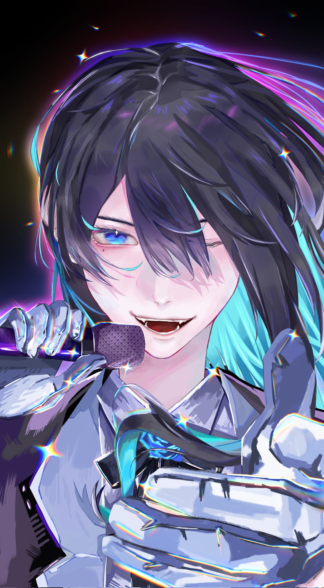 carlos jpg, chando (ado), ado (utaite), commentary, english commentary, highres, 1girl, black hair, blue eyes, blue hair, colored inner hair, fangs, floating hair, gloves, hair between eyes, holding, holding microphone, looking at viewer, microphone, mole, mole under eye, multicolored hair, one eye closed, solo, utaite, white gloves