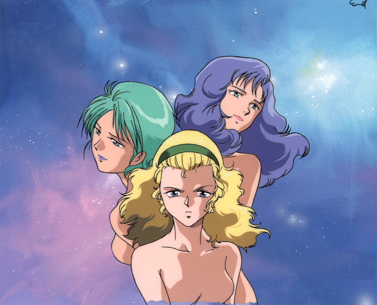 dokite tsukasa, four murasame, leila raymond, rosamia badam, gundam, gundam gihren no yabou, zeta gundam, character request, official art, 1990s (style), 3girls, animation paper, bare shoulders, breasts, closed mouth, collarbone, green hairband, hairband, lipstick, long hair, looking at viewer, makeup, multiple girls, nude, production art, retro artstyle, short hair, star (sky)