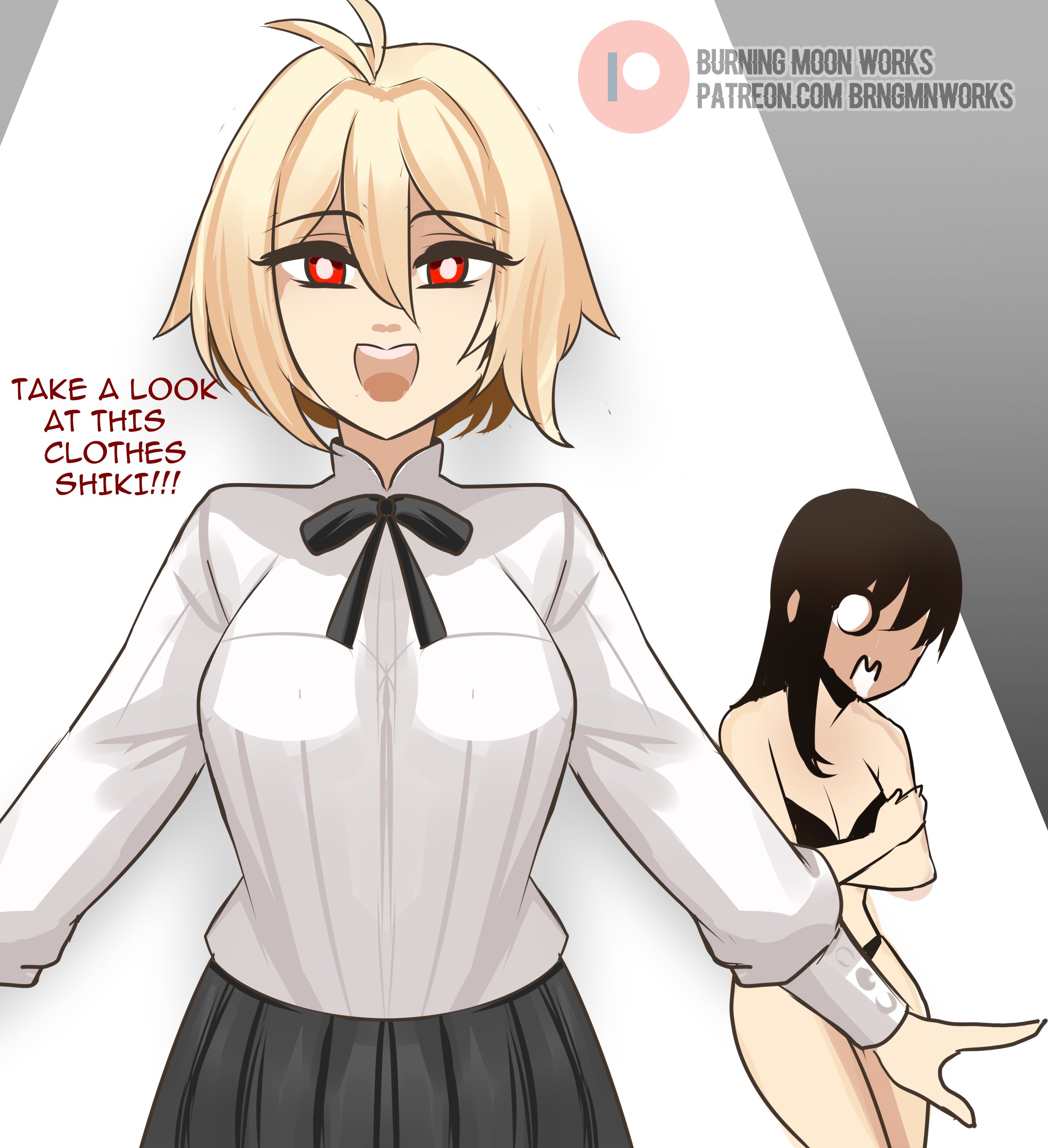 burningmoonworks, arcueid brunestud, tohno akiha, tsukihime, tsukihime (remake), absurdres, highres, 2girls, ahoge, alternate costume, arms at sides, black hair, black ribbon, black skirt, blonde hair, blush, bra, breasts, cleavage, cosplay, covering breasts, covering privates, english text, flustered, formal clothes, hair between eyes, hair intakes, happy, huge breasts, long hair, multiple girls, red eyes, ribbon, shirt, short hair, skirt, smile, surprised, thighs, toono akiha (cosplay), underwear, white shirt