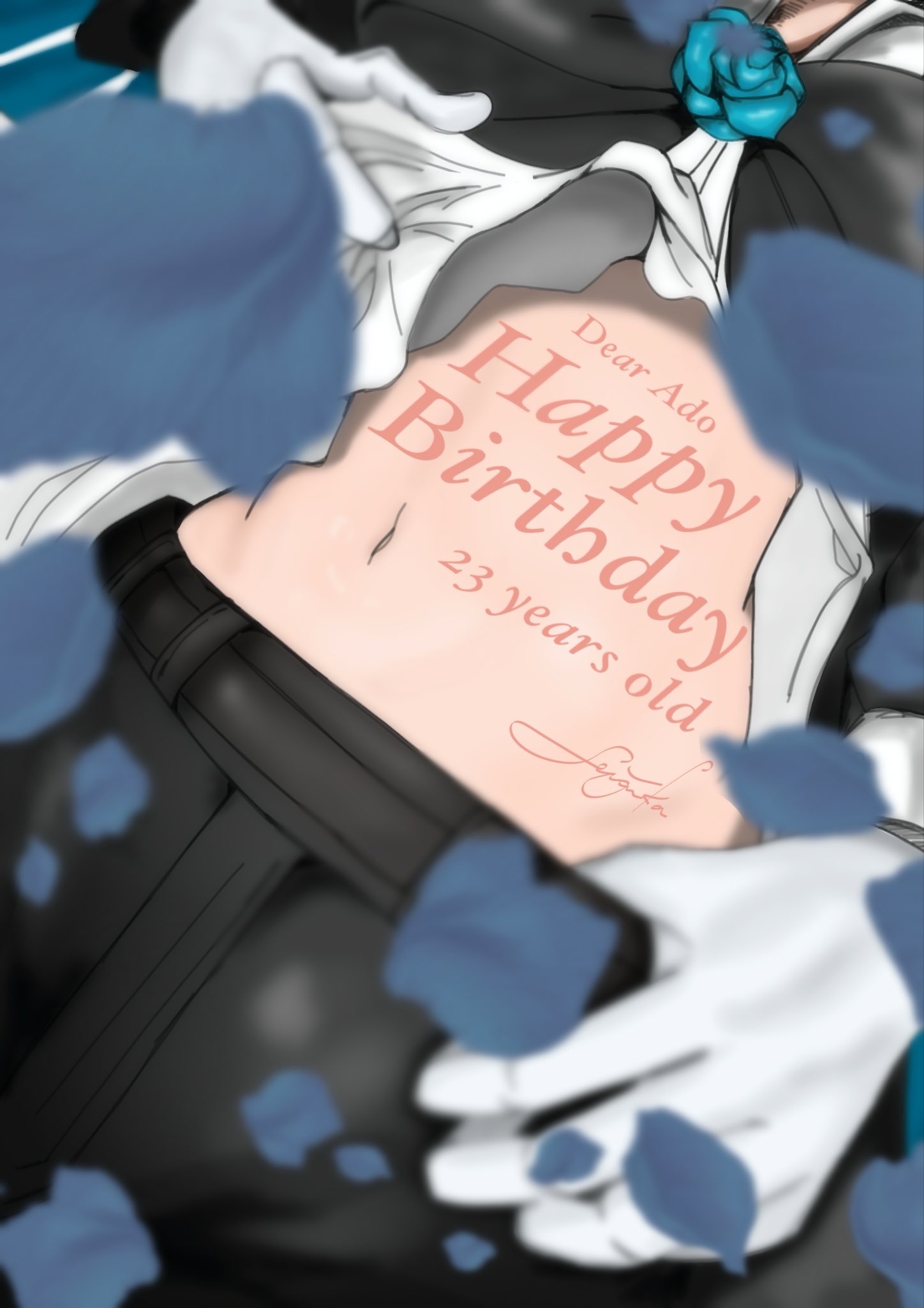 chando (ado), ado (utaite), commentary, english commentary, highres, 1girl, falling petals, gloves, happy birthday, midriff, navel, petals, setugetukapapa, shirt, signature, solo, stomach focus, utaite, white gloves