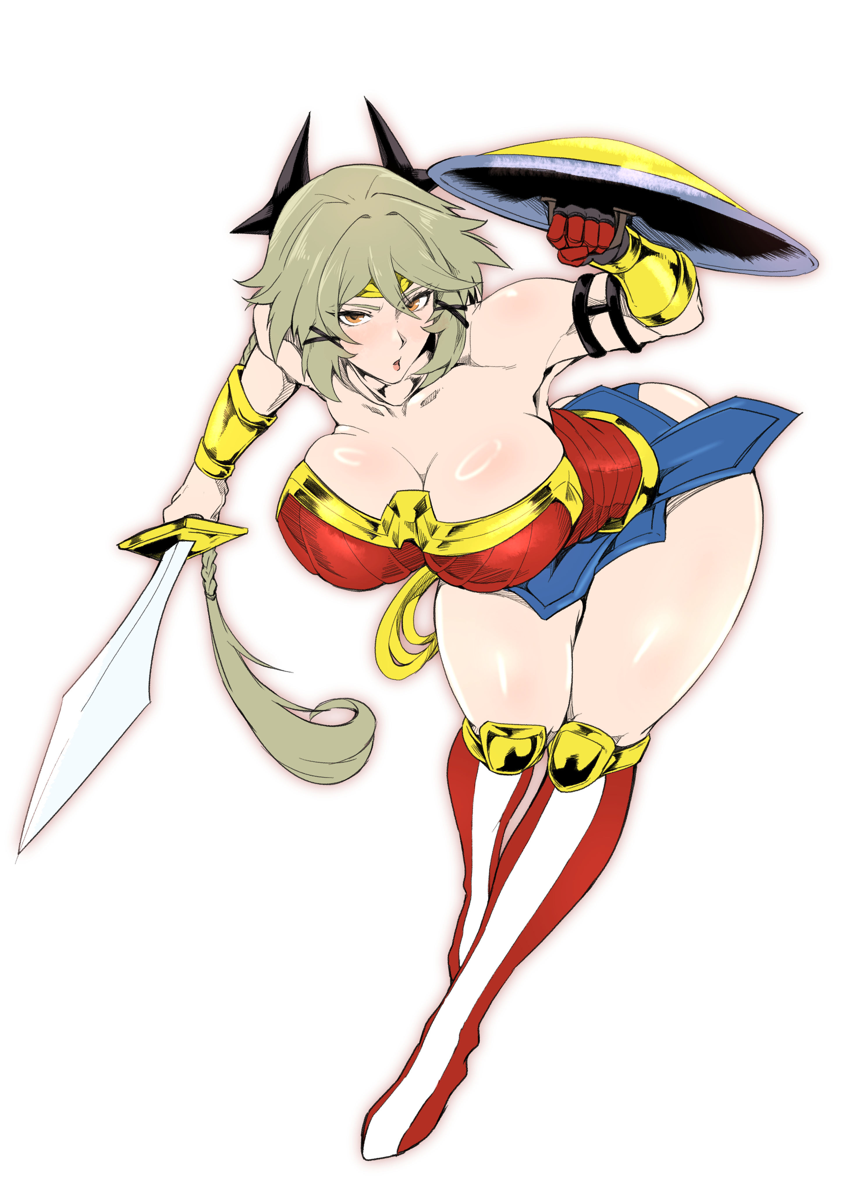comic hand, caesar king (zenless zone zero), wonder woman, dc comics, zenless zone zero, absurdres, highres, 1girl, bare shoulders, black horns, boots, bracer, breasts, cleavage, collarbone, cosplay, crossover, curvy, dynamic pose, gold bracer, gold headband, gold tiara, green hair, headband, holding, holding shield, holding sword, holding weapon, horns, huge breasts, jewelry, leotard, lips, long hair, looking at viewer, parted lips, ponytail, red boots, shield, simple background, skirt, solo, superhero costume, sword, thick thighs, thighs, tiara, weapon, white background, wide hips, wonder woman (cosplay), yellow eyes