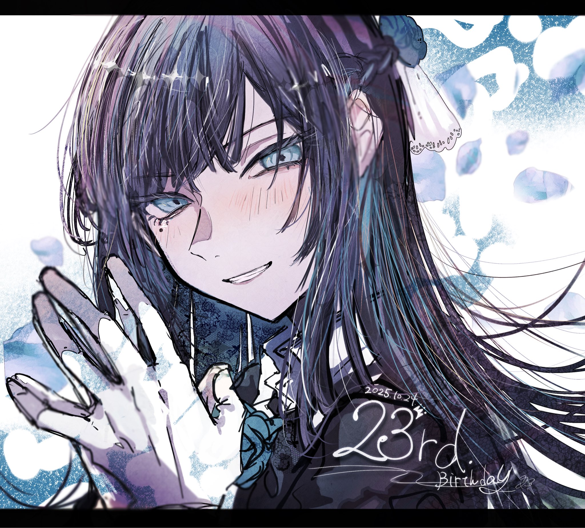 hane (kakuhane), chando (ado), ado (utaite), commentary, highres, 1girl, black hair, blue eyes, blue hair, braid, closed mouth, dated, gloves, half up braid, letterboxed, long hair, looking at viewer, multicolored hair, open mouth, portrait, solo, streaked hair, utaite, white gloves