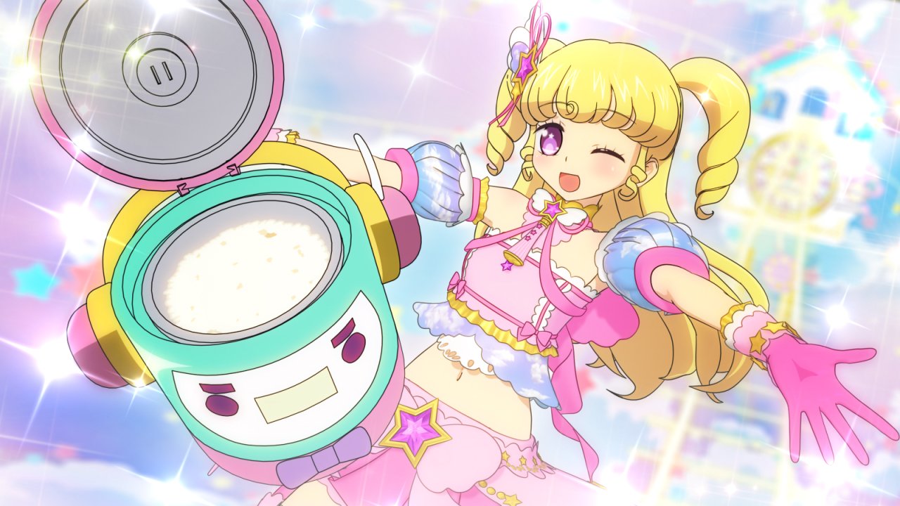 yumekawa yui, idol time pripara, pretty series, pripara, official art, 1girl, 3d, :d, blonde hair, blush, bow, detached sleeves, fairy kei, frills, gloves, hair bow, hair ornament, idol clothes, long hair, looking at viewer, open mouth, otudane, outstretched arms, pink skirt, puffy detached sleeves, puffy sleeves, purple eyes, rice, rice cooker, ringlets, skirt, smile, solo, sparkle, sparkling aura, star (symbol), star hair ornament, star in eye, symbol in eye, takki (pripara), two side up, yume kawaii