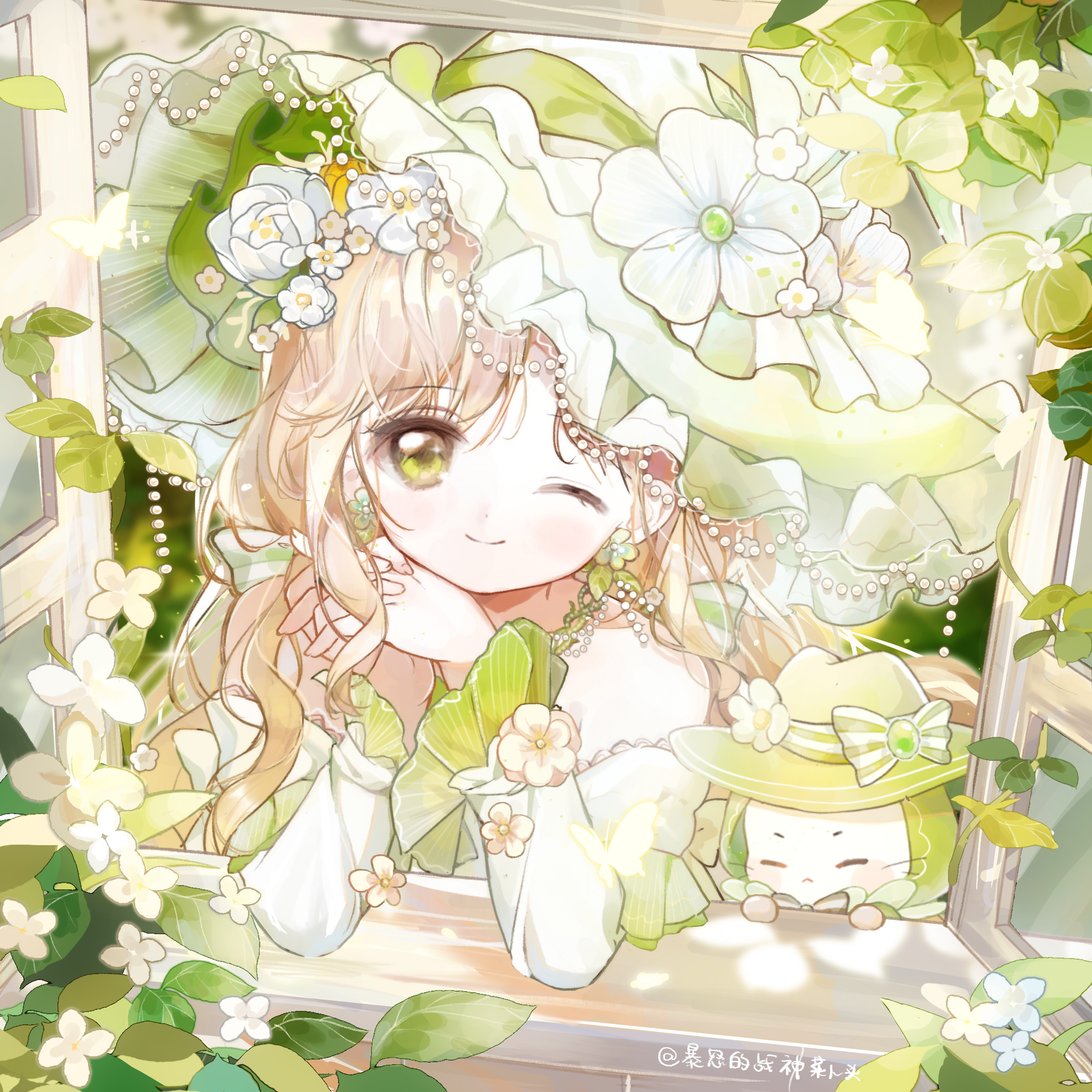 baonu de zhanshen caibutou, momo (nikki), infinity nikki, nikki (series), chinese commentary, commentary request, highres, making-of available, 1girl, animal, artist name, bare shoulders, bead necklace, beads, bow, bowler hat, bowtie, brown hair, cat, cloak, closed eyes, clothed animal, collarbone, day, dress, earrings, eyelashes, flower, flower earrings, frilled headwear, frilled sleeves, frills, green bow, green bowtie, green cloak, green dress, green eyes, green flower, green hat, green theme, hair bow, hair flower, hair ornament, happy, hat, hat bow, hat flower, interlocked fingers, jewelry, layered sleeves, light particles, long hair, long sleeves, low twintails, necklace, official alternate costume, one eye closed, open window, own hands together, rainfall & blossoms (infinity nikki), rose, short over long sleeves, short sleeves, sidelocks, single stripe, solo, striped bow, striped bowtie, striped clothes, tareme, twintails, two-tone bow, upper body, very long hair, wavy hair, white bow, white cat, white flower, window, witch, witch hat, yellow flower, yellow rose