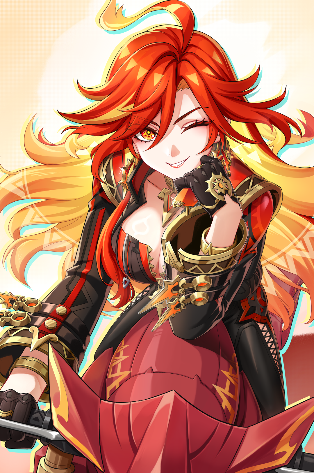 kan (zwssg), mavuika (genshin impact), genshin impact, commentary request, highres, 1girl, ahoge, black gloves, blonde hair, bracelet, breasts, cleavage, colored inner hair, earrings, flamestrider (genshin impact), gloves, hair between eyes, holding, jewelry, large breasts, long hair, long sleeves, looking at viewer, motor vehicle, motorcycle, multicolored hair, on motorcycle, one eye closed, orange hair, red eyes, red hair, smile, solo, symbol-shaped pupils, two-tone hair, yellow pupils