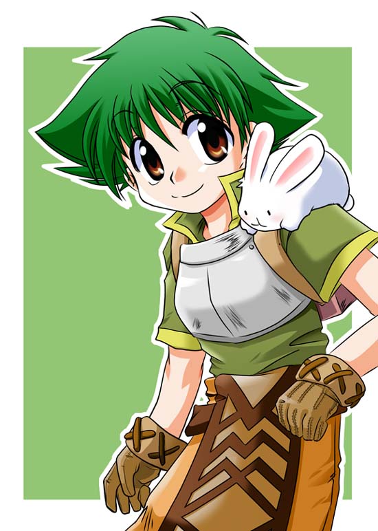 novice (ragnarok online), ragnarok online, commentary request, 1boy, 2000s (style), brown eyes, brown gloves, brown pants, chest guard, closed mouth, cowboy shot, gloves, green background, green hair, green shirt, looking at viewer, male focus, pants, petayama, rabbit, rabbit on shoulder, shirt, short hair, short sleeves, simple background, smile, solo, two-tone background, white background