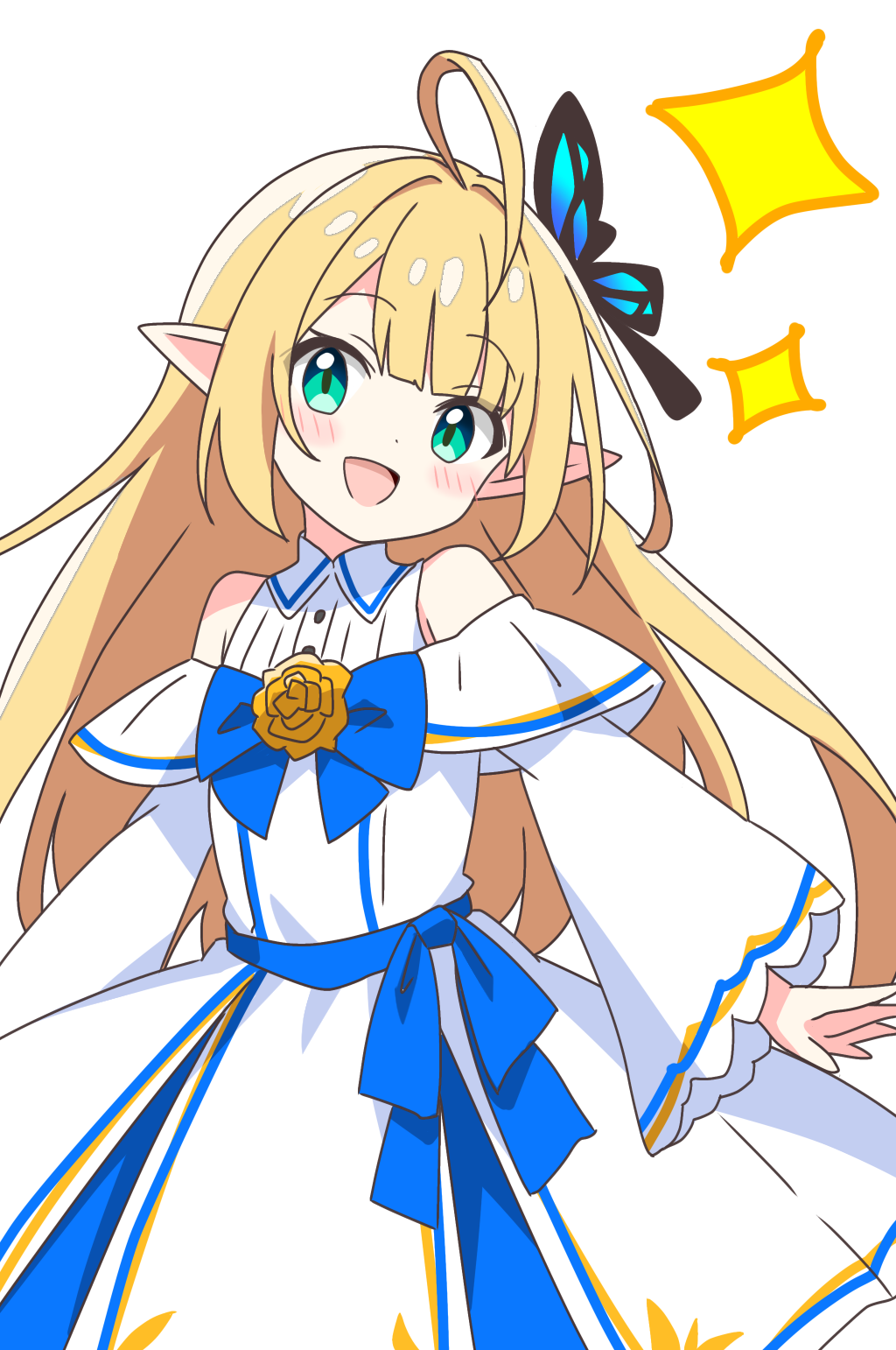 kotatsu-mazoku, original, commentary request, highres, 1girl, :d, ahoge, bare shoulders, blonde hair, blue bow, blue bowtie, blush, bow, bowtie, butterfly hair ornament, cowboy shot, dot nose, dress, elf, green eyes, hair ornament, long hair, long sleeves, looking at viewer, open mouth, pointy ears, simple background, smile, solo, sparkle, white background, white dress