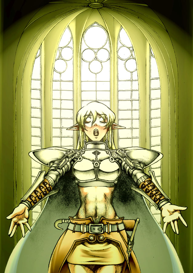 murazono, paladin (ragnarok online), ragnarok online, commentary request, 1girl, armor, blonde hair, blue cape, boobplate, breastplate, brown skirt, cape, chainmail, closed eyes, cowboy shot, indoors, long hair, midriff, navel, open mouth, pauldrons, pointy ears, scabbard, sheath, sheathed, shoulder armor, sidelocks, skirt, solo, stained glass, sword, weapon, yellow background