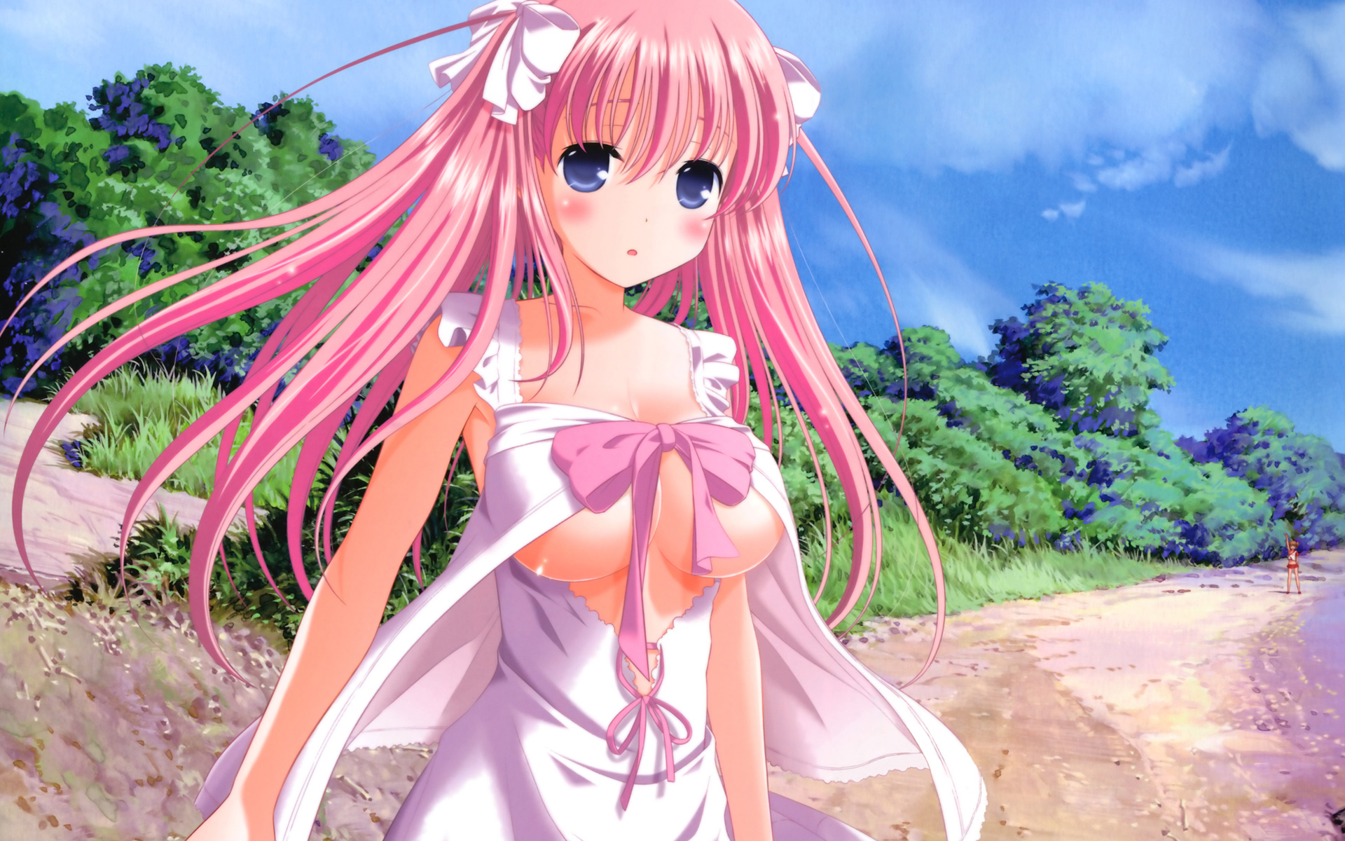 kobayashi ritz, haramura nodoka, saki (manga), highres, 00s, 1girl, beach, blue eyes, bow, breasts, casual, day, female focus, grass, hair bow, large breasts, long hair, nature, no bra, outdoors, pink hair, sky, solo, tree, underboob, water
