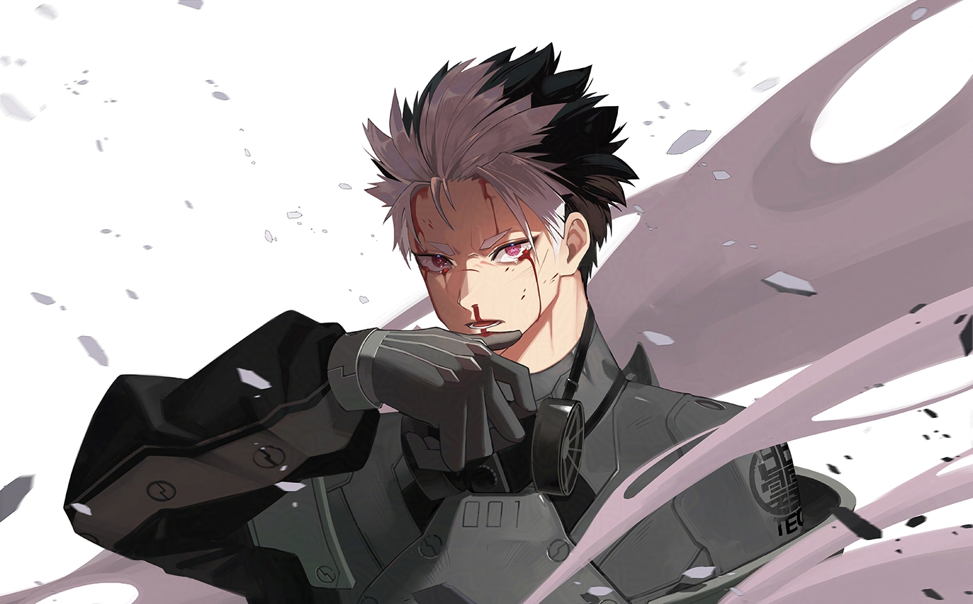 8083 blue, narumi gen, kaijuu no. 8, commentary, 1boy, armor, blood, bloody tears, furrowed brow, gas mask, looking at viewer, male focus, mask, mask around neck, nosebleed, open mouth, pink eyes, purple hair, short hair, simple background, smoke, solo, spiked hair, tears, upper body, white background